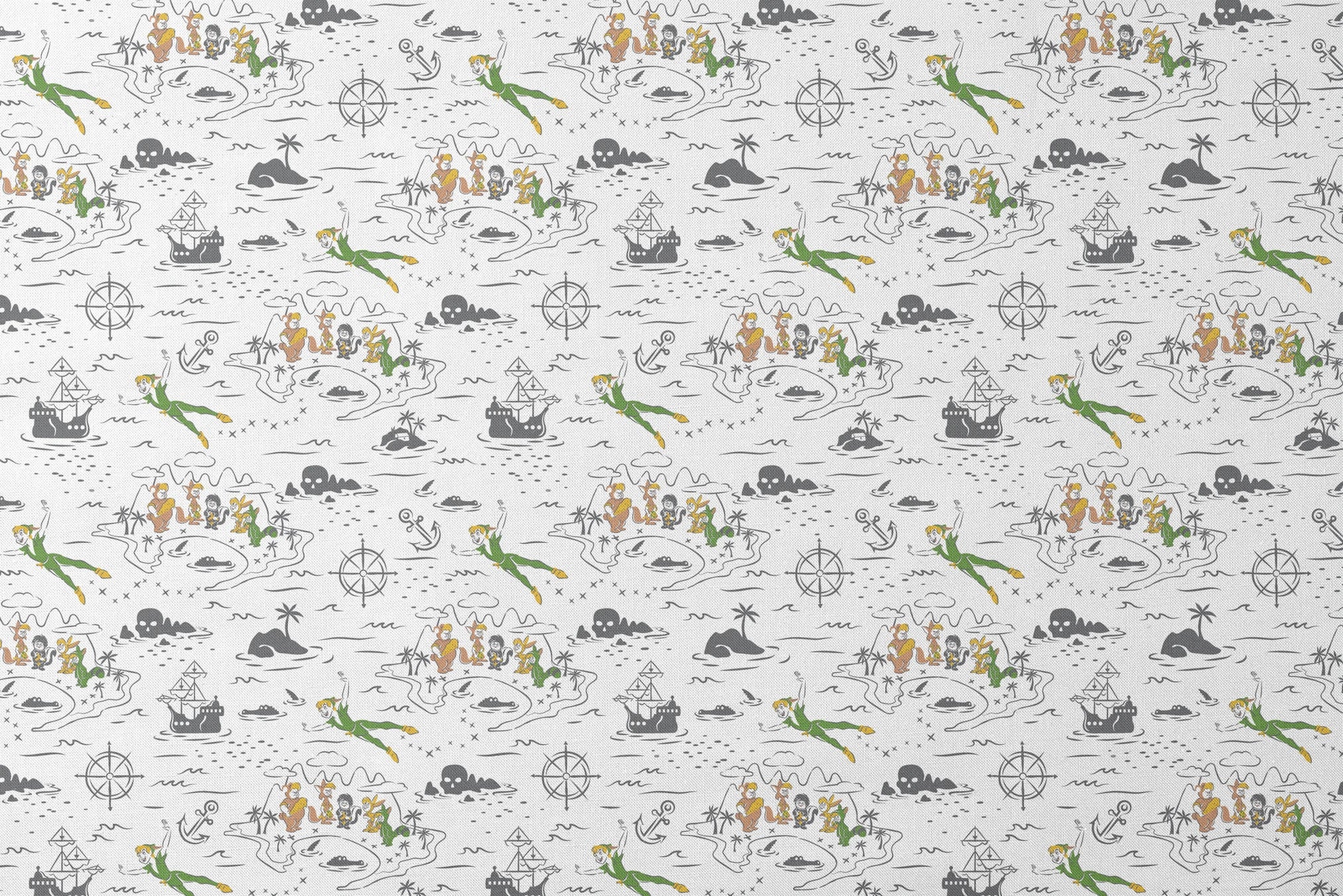 Peter Pan-inspired pattern with islands, ships, mermaids, compass roses, and pirate symbols in green, orange, and gray on white background designs flat mockup
