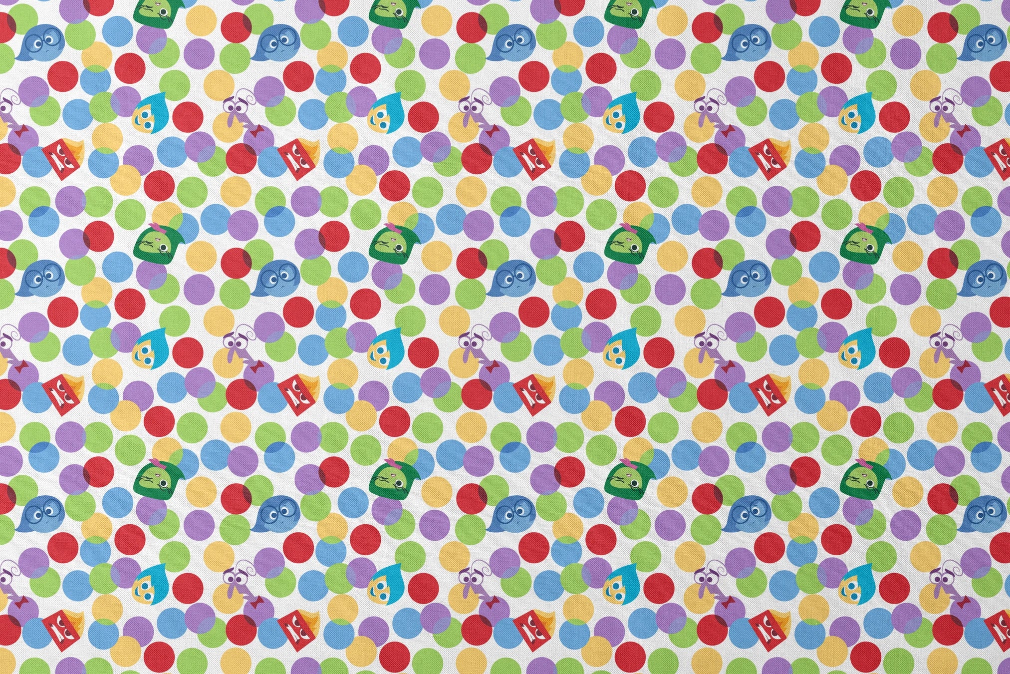 Colorful pattern with Inside Out characters scattered among multicolored polka dots designs flat mockup