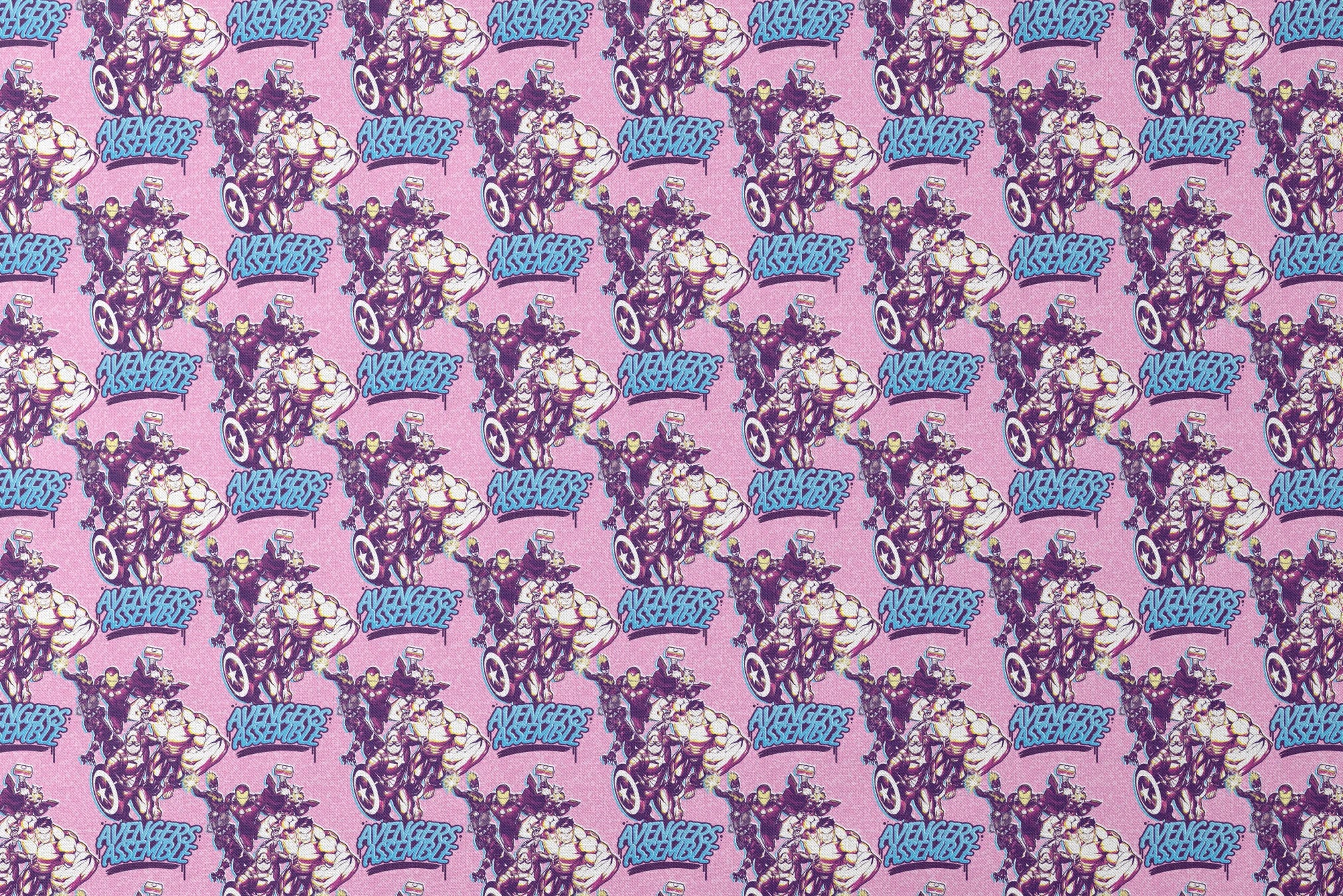 Avengers comic book characters pattern on purple background with "Avengers Assemble" text designs flat mockup