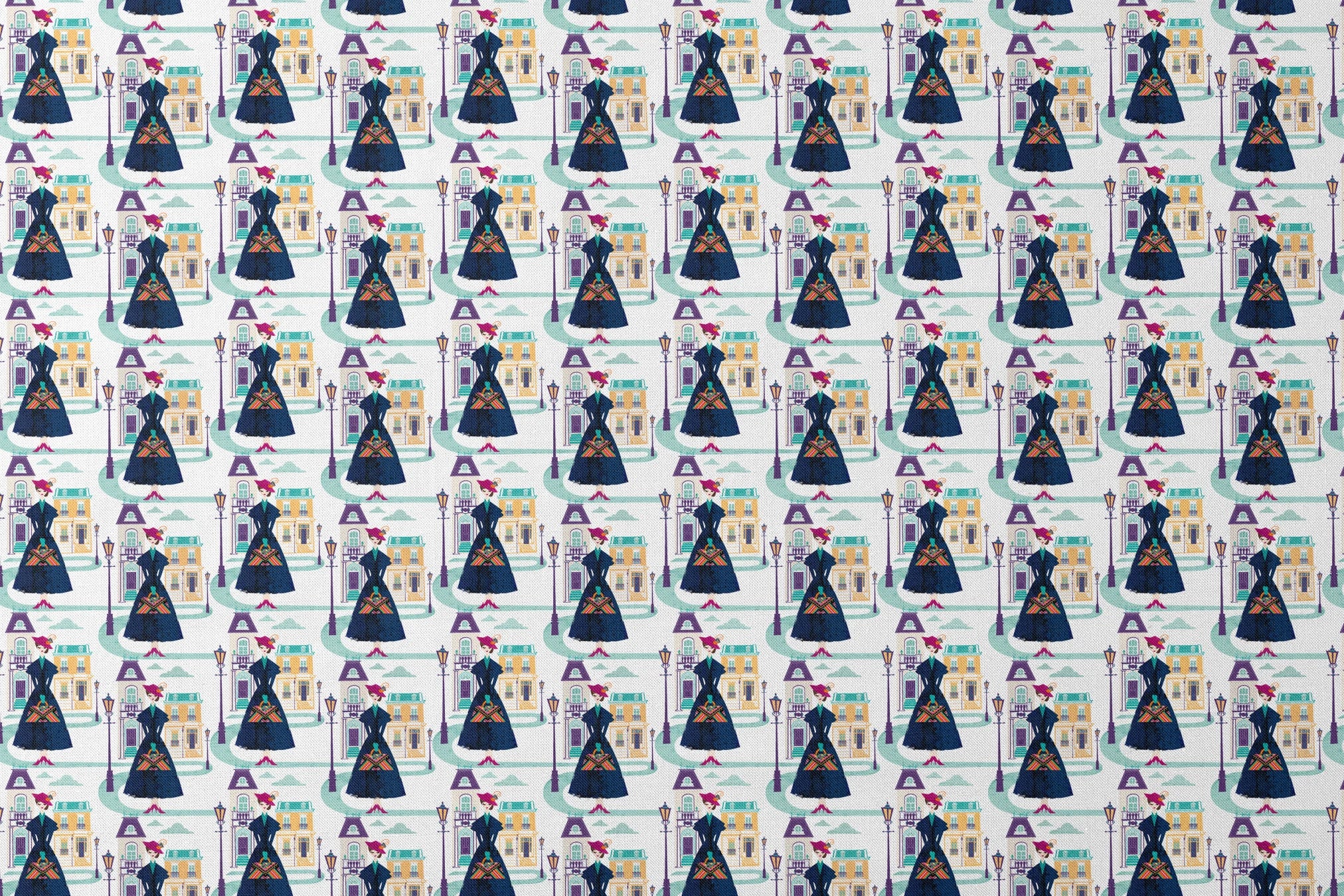 Illustrated pattern of Mary Poppins, standing among pastel townhouses and streetlamps. designs flat mockup