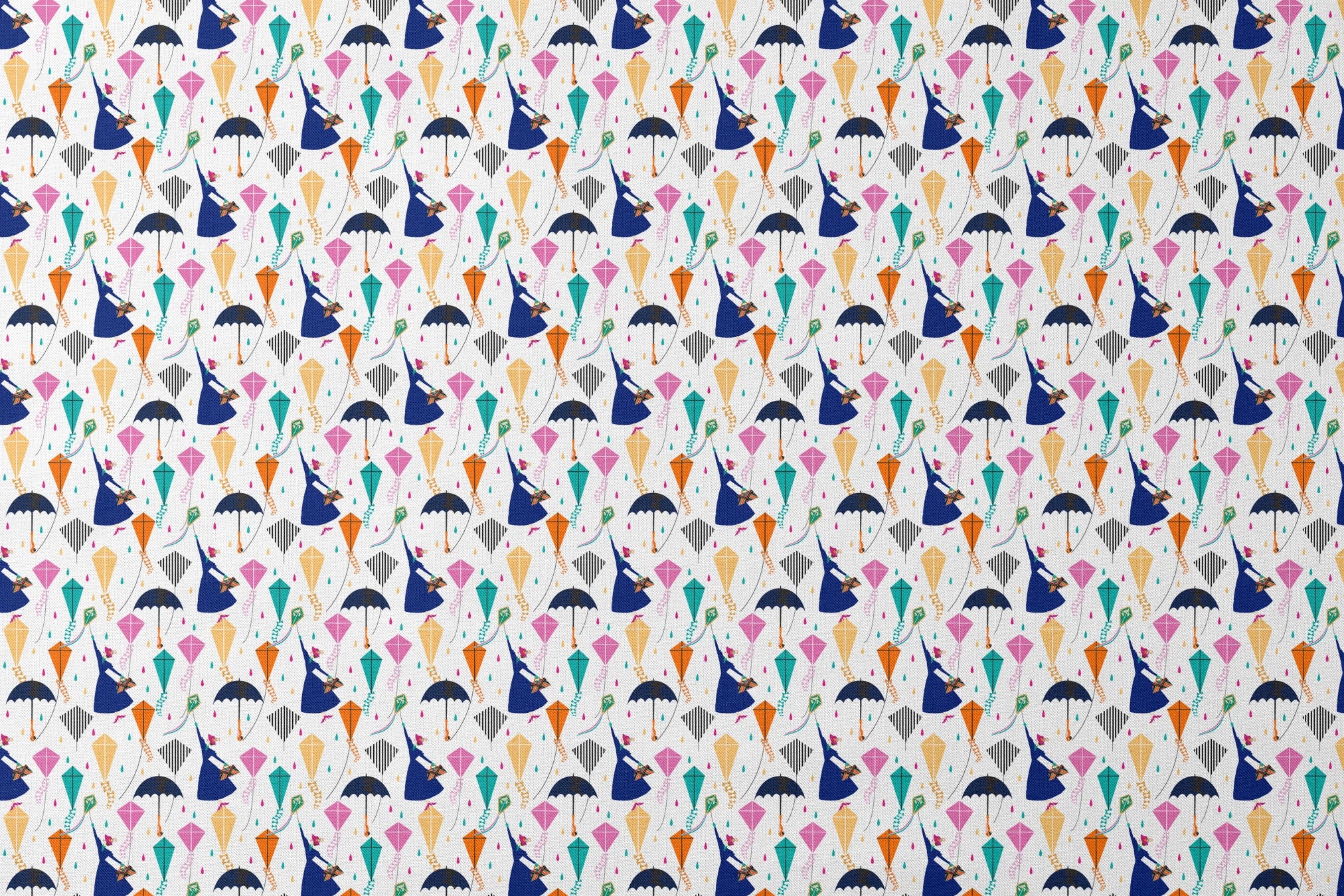 Colorful Mary Poppins pattern with umbrellas, featuring pink, orange, turquoise kites and navy umbrellas on white background designs flat mockup