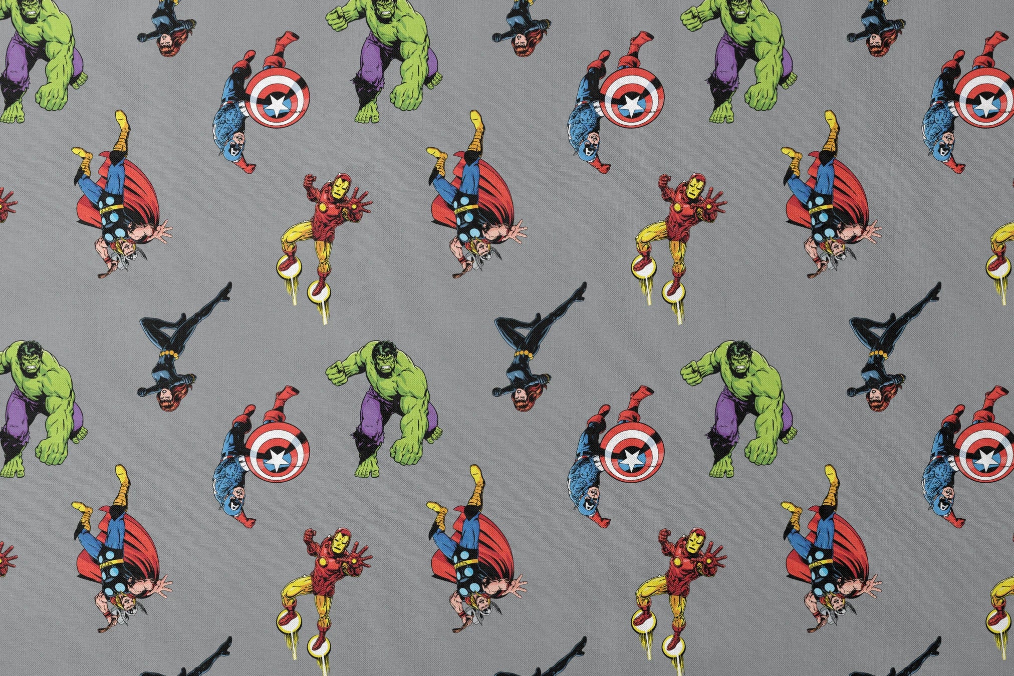 Marvel superheroes pattern with Hulk, Thor, Captain America, and Iron Man on gray background designs flat mockup