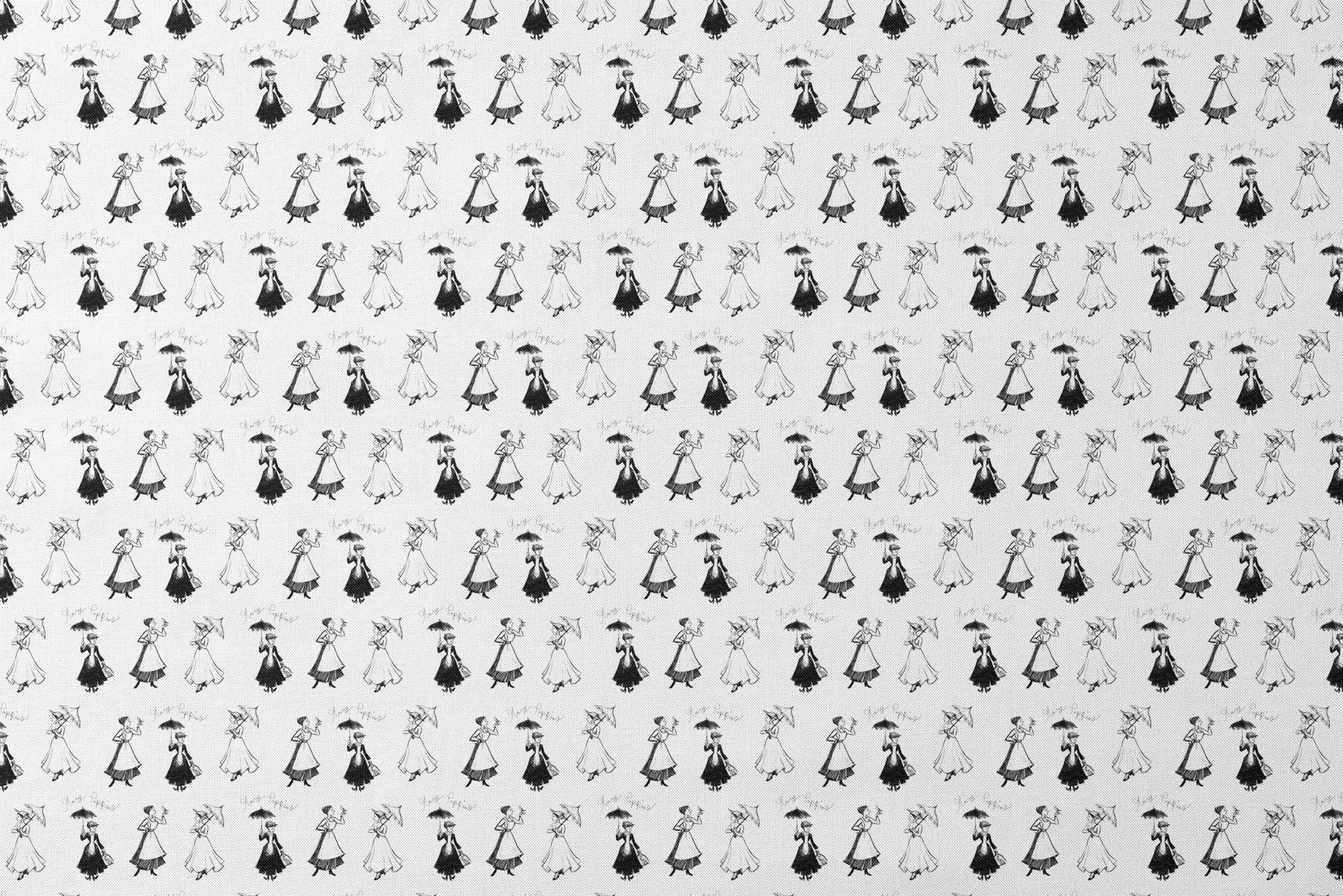 Sketchy illustration pattern of Mary Poppins, shown in various poses in black and white designs flat mockup