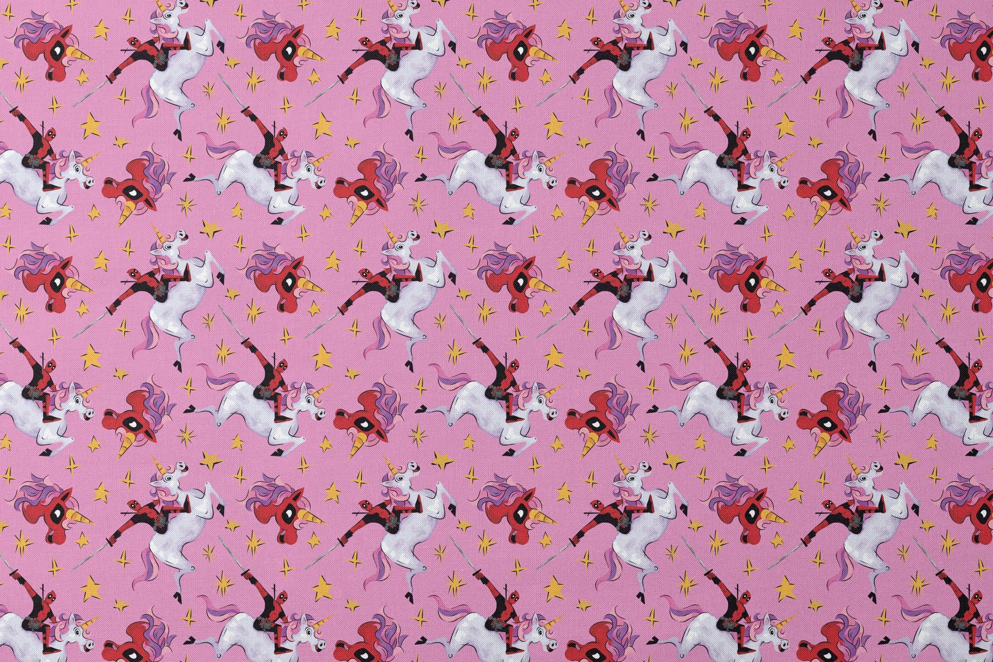 Cartoon character in red riding white unicorns with purple manes against pink starry background designs flat mockup