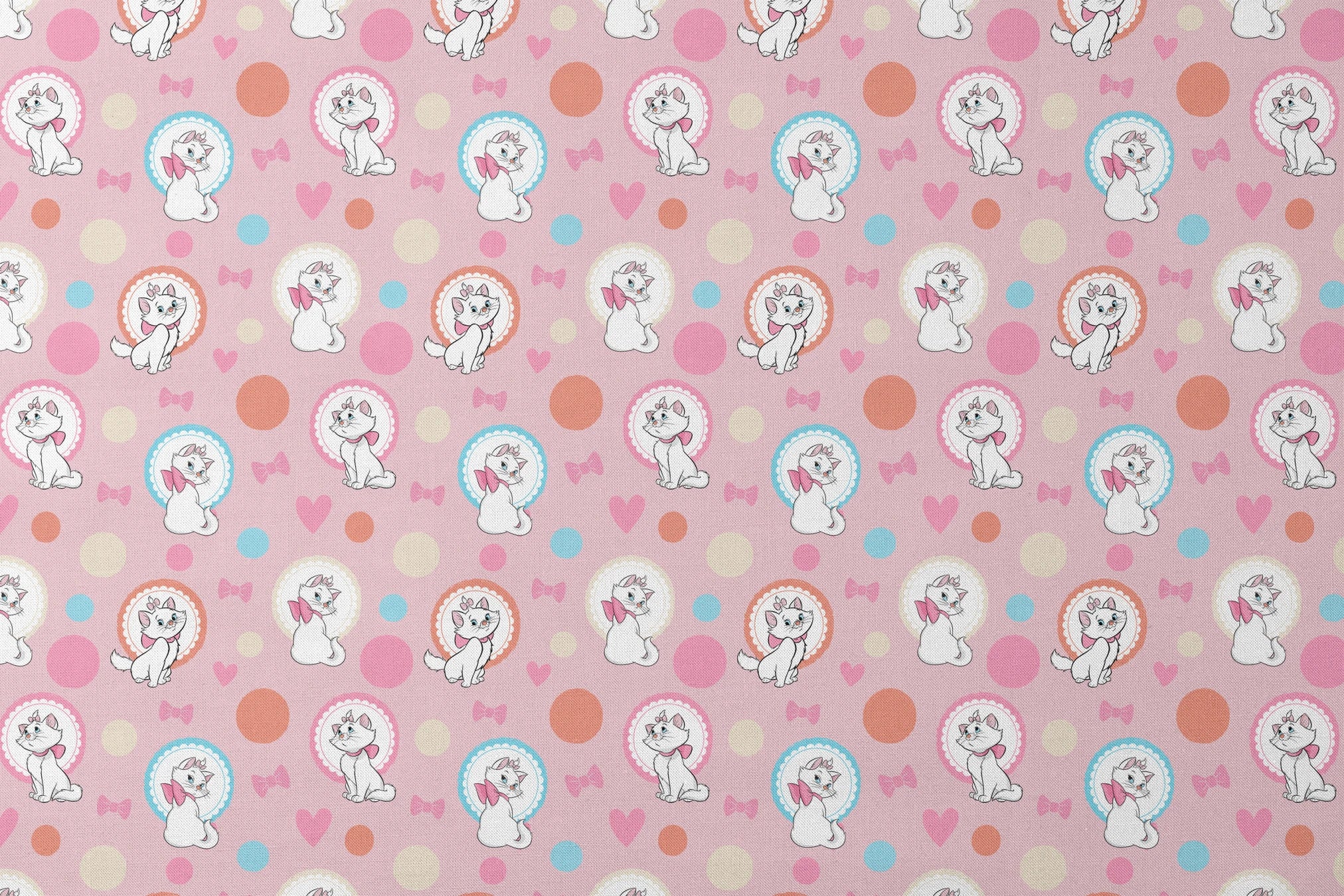 Marie from The Aristocats with pink bows in decorative circular frames on pink polka dot background with bow motifs designs flat mockup