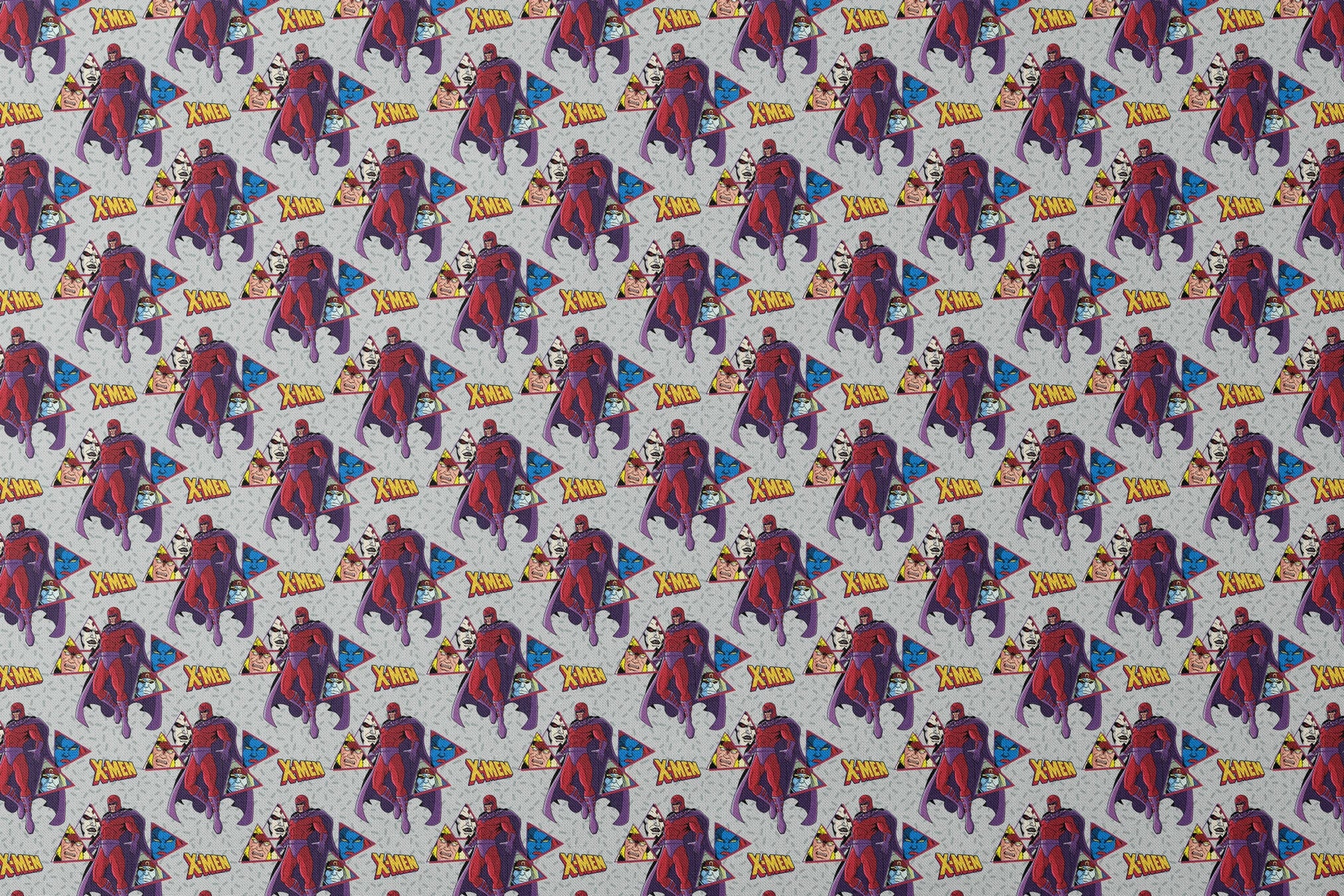 X-Men comic pattern with Magneto in purple and red costume against gray background with character portraits designs flat mockup