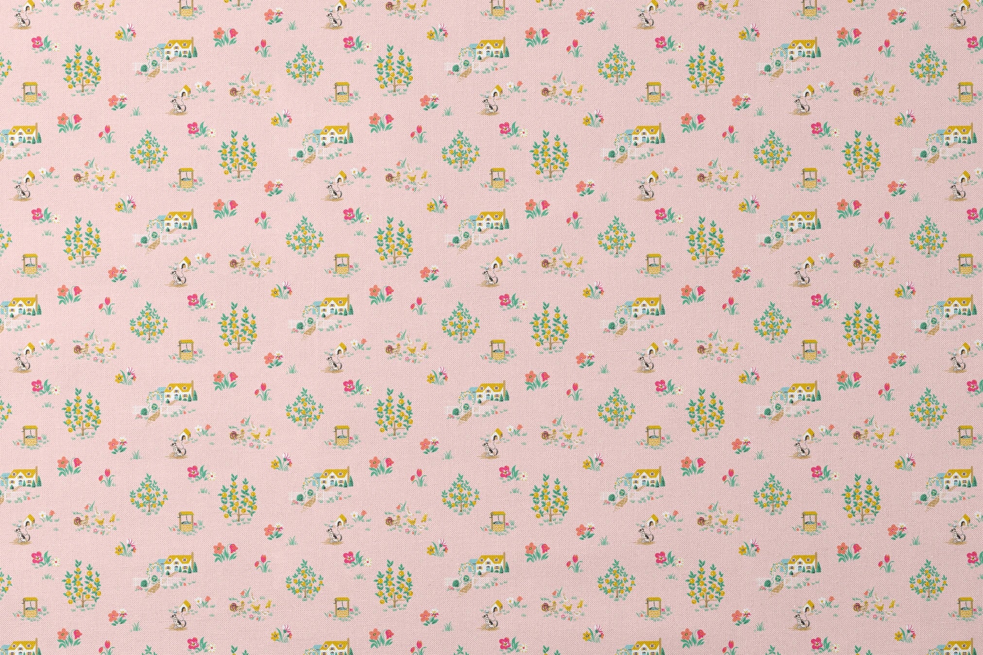 Whimsical pink pattern with cottages, flower bouquets, and garden scenes in yellow and coral designs flat mockup