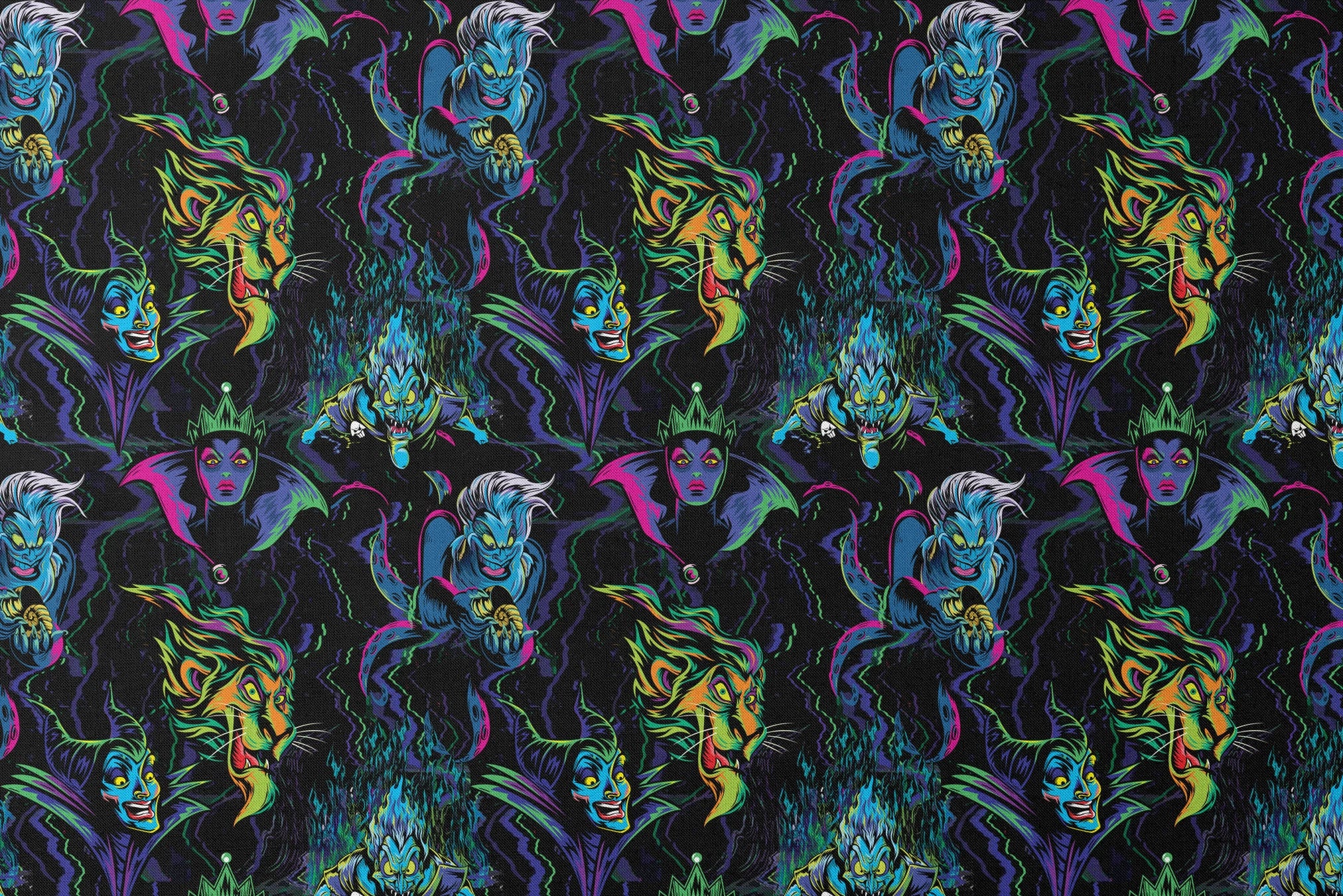 Colorful Disney villains in neon colors against black background designs flat mockup