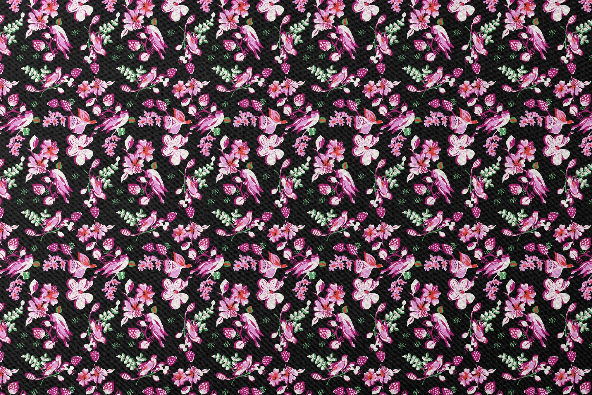 Vibrant pink birds and flowers pattern on black background with strawberry accents designs flat mockup