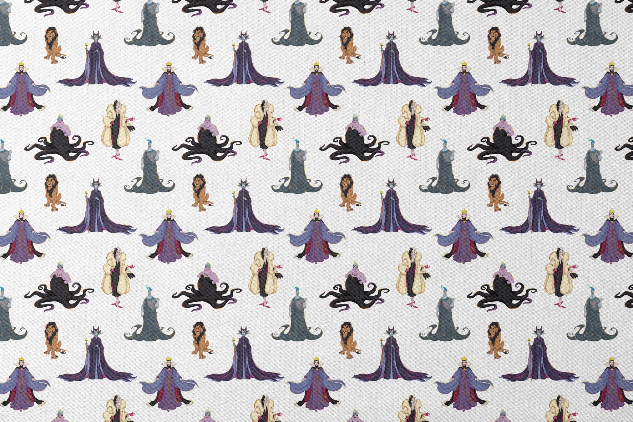 Disney villains pattern with Evil Queen, Scar, Maleficent, Ursula, and Cruella on white background designs flat mockup
