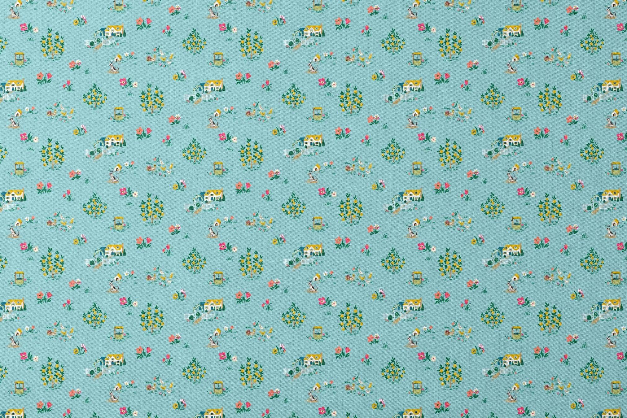 Whimsical light blue pattern with tiny cottages, tulips, and flower gardens in pastel colors designs flat mockup