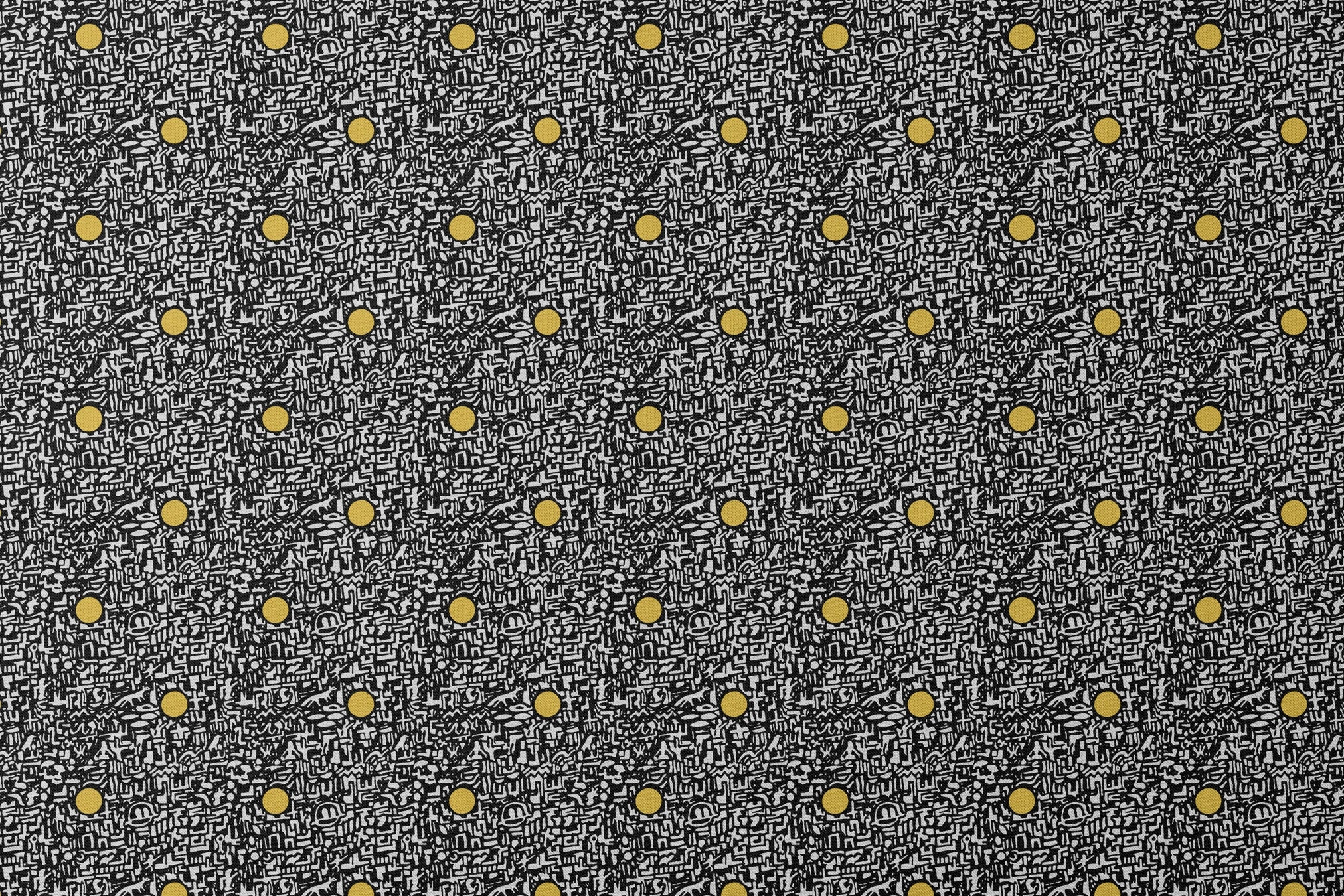 Abstract black and white maze pattern with scattered golden yellow dots arranged in a grid designs flat mockup