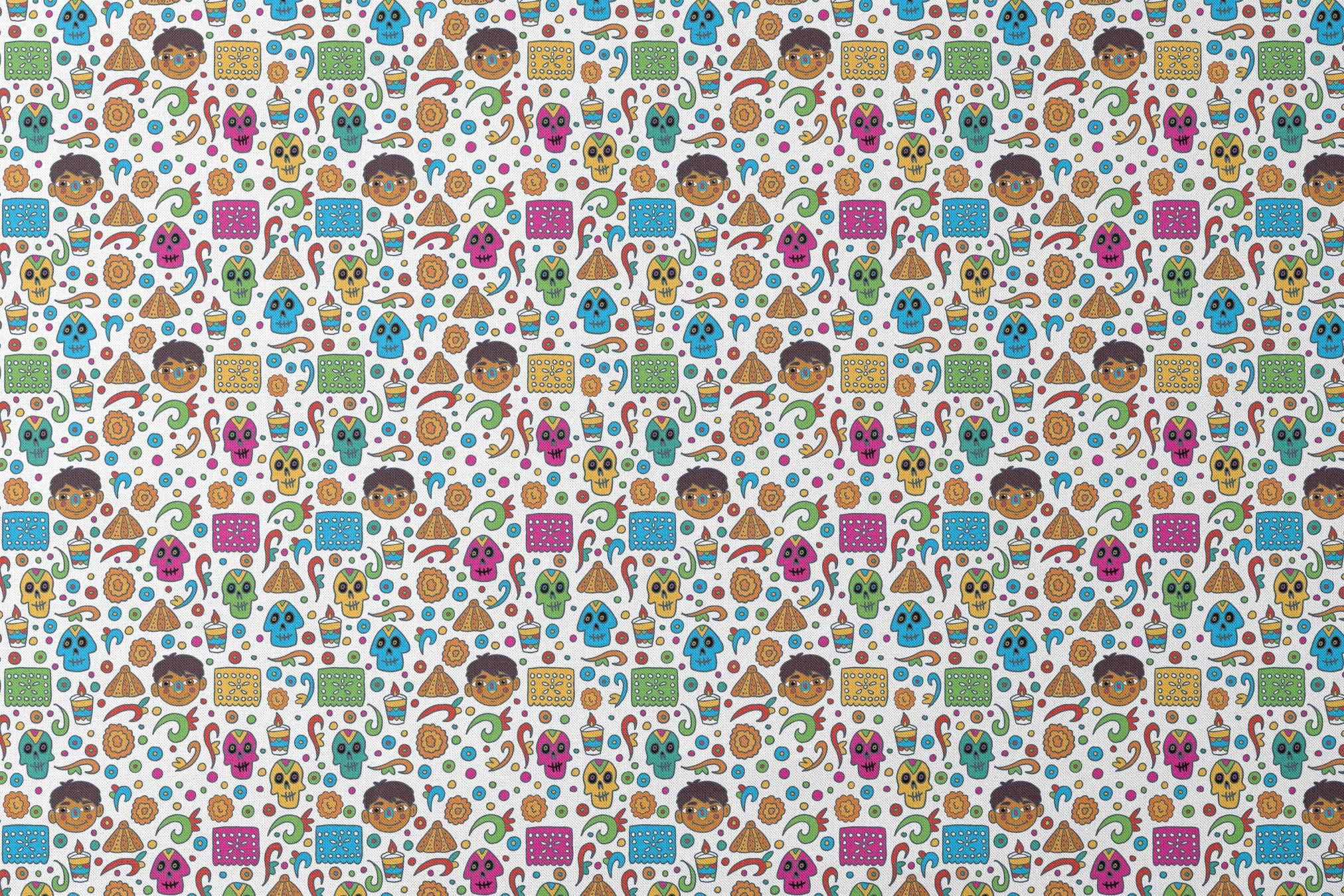 Colorful Coco pattern with sugar skulls, pyramids, swirls, flowers, and cartoon characters on white background designs flat mockup