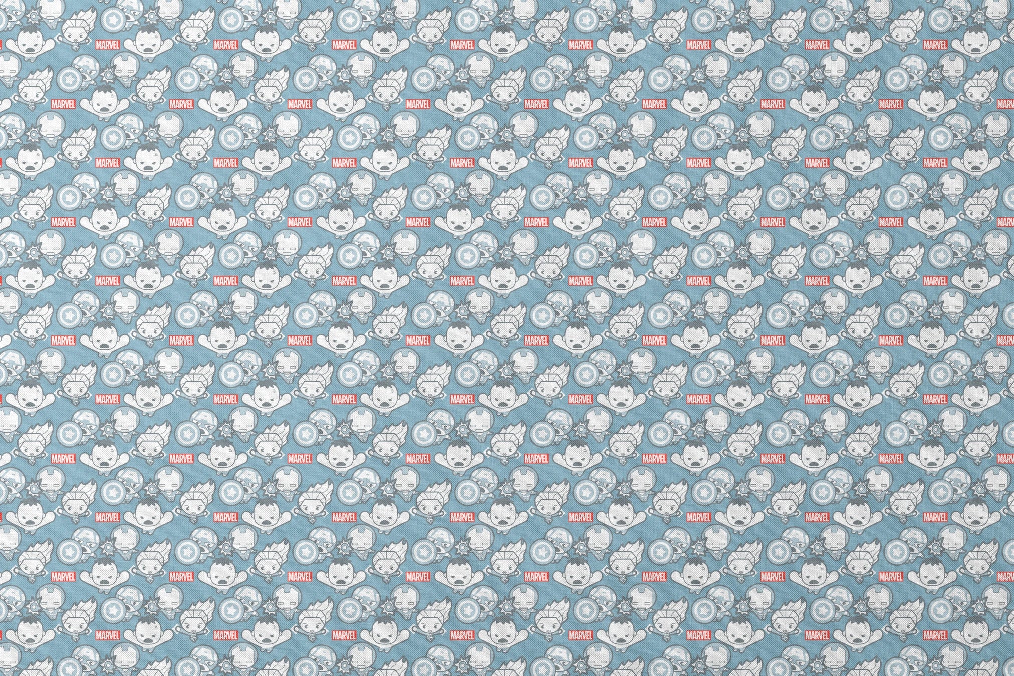 Marvel kawaii superhero pattern with cartoon characters, shields, and gear symbols on blue background designs flat mockup