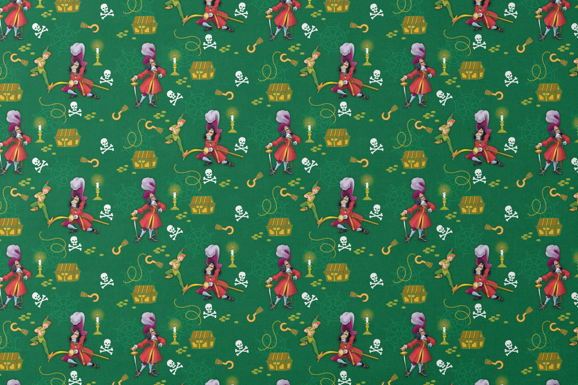 Peter Pan-themed pattern with Captain Hook, treasure chests, skulls, and golden hooks on green background. designs flat mockup