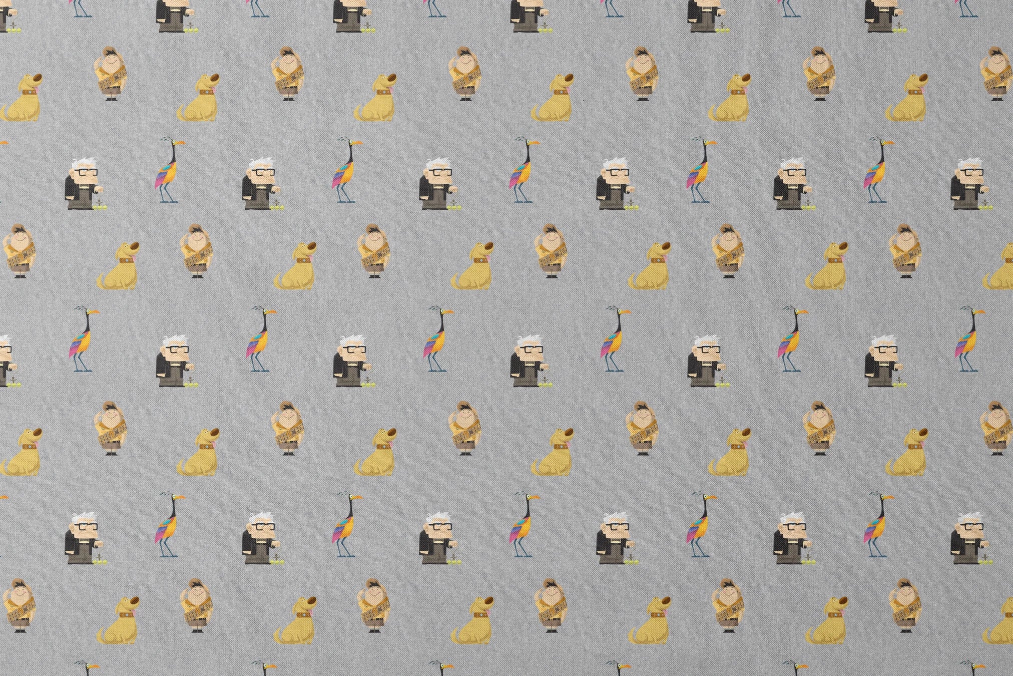 Up pattern with wilderness explorer characters, yellow birds, and colorful details on gray background designs flat mockup