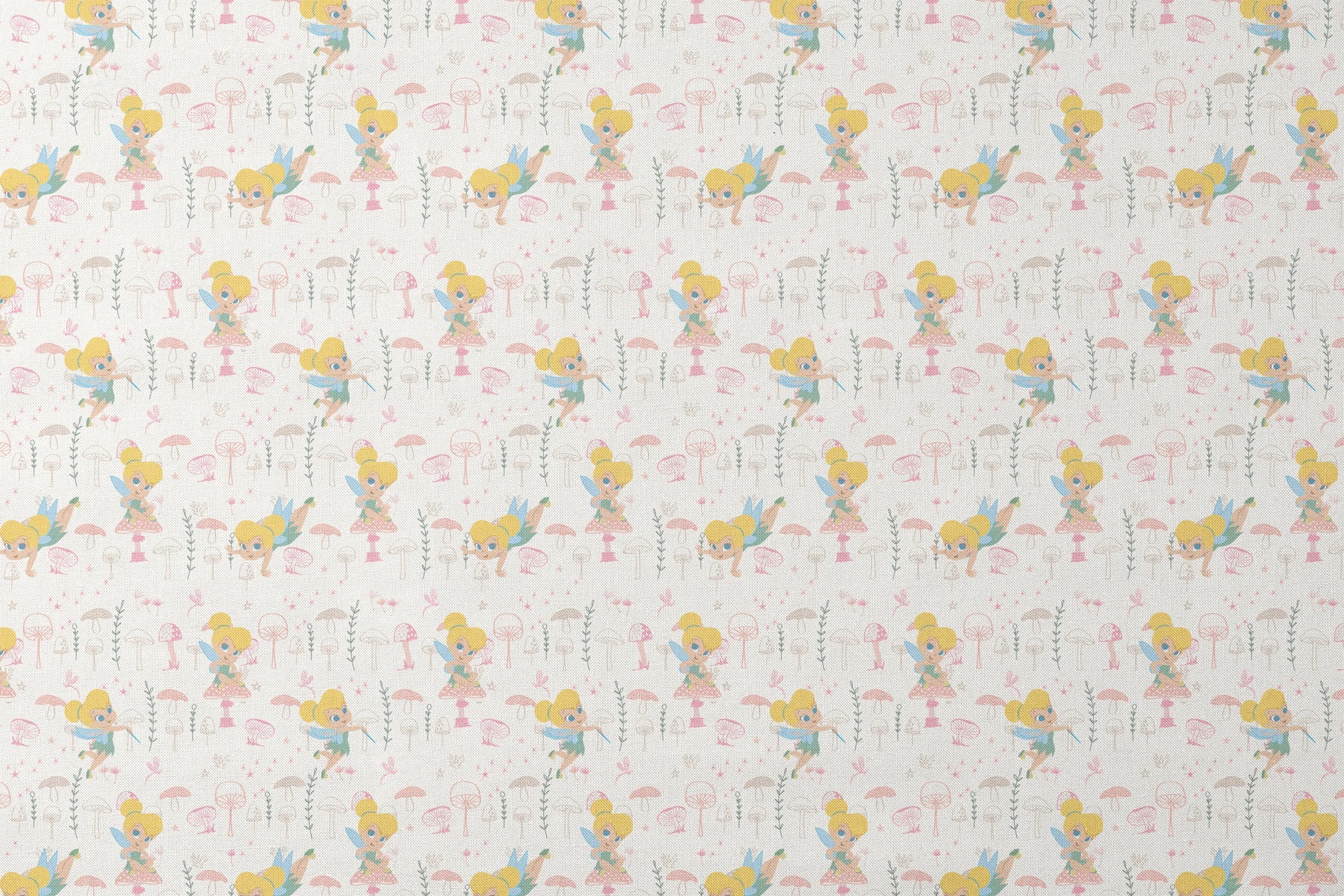 Whimsical pattern with cartoon fairy characters and pink mushrooms against a cream background designs flat mockup