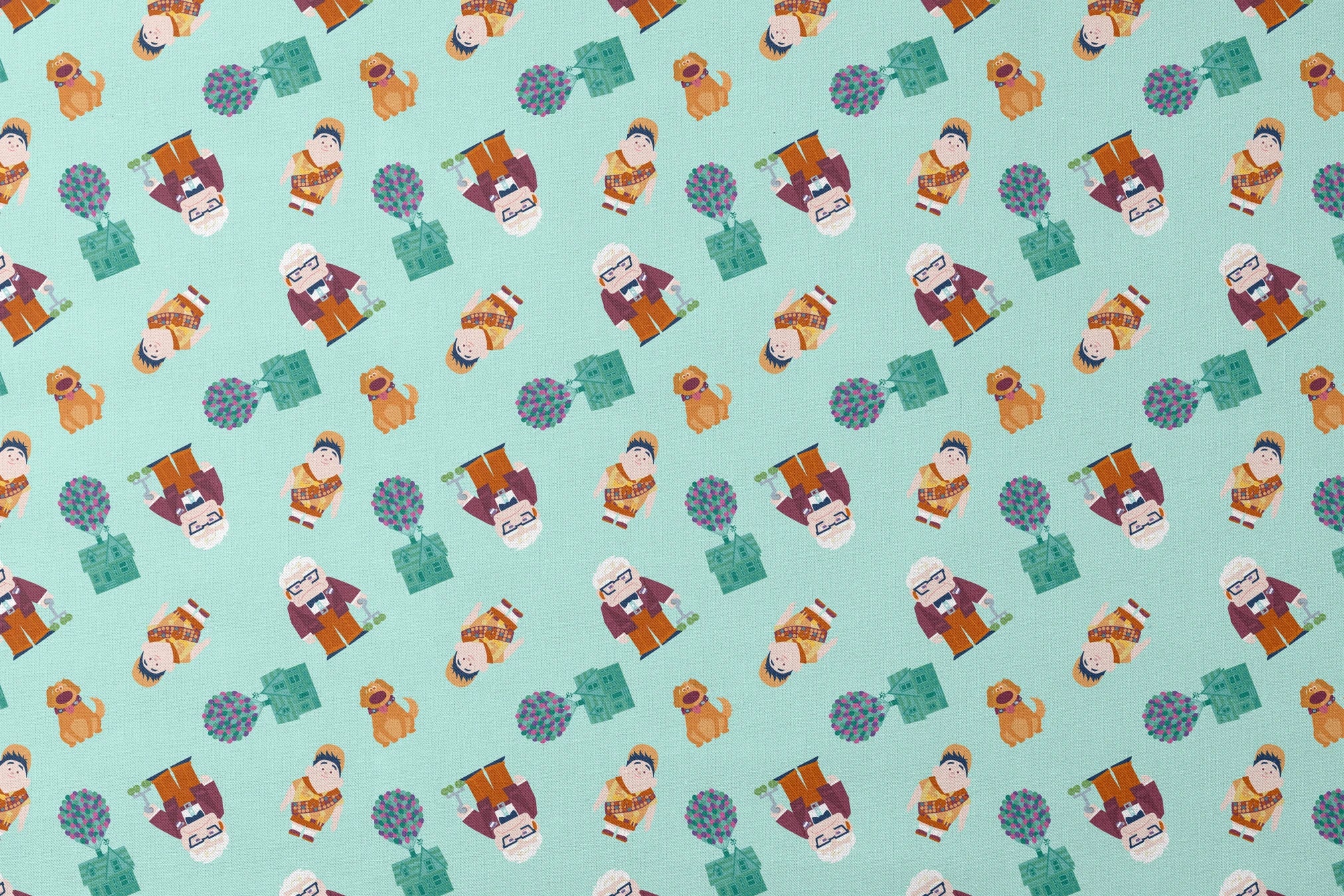 Cartoon pattern on mint background featuring characters from Pixar's "Up" with balloons, houses, and colorful elements designs flat mockup