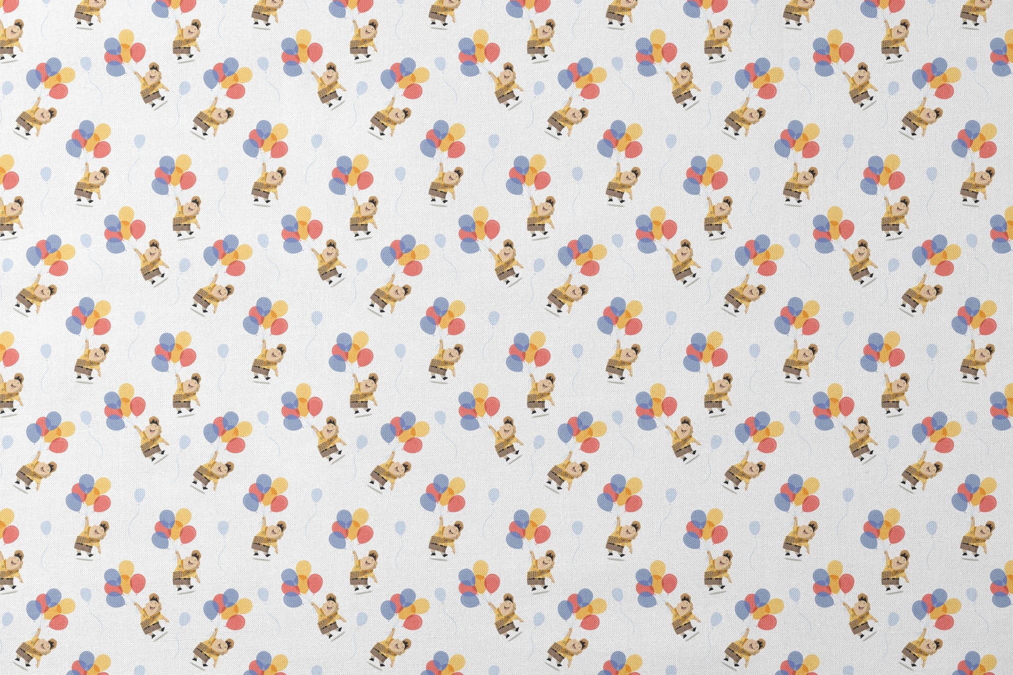 Up's Russell in explorer outfit floating with colorful balloons on white background pattern designs flat mockup
