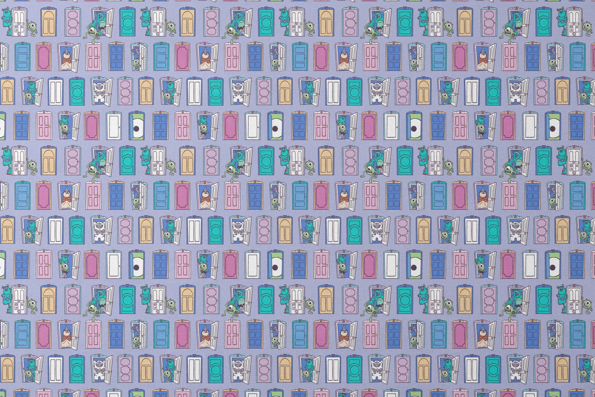 Colorful pattern of cartoon monster characters peeking through various doors in purple, blue, pink, and green on a lavender background. designs flat mockup