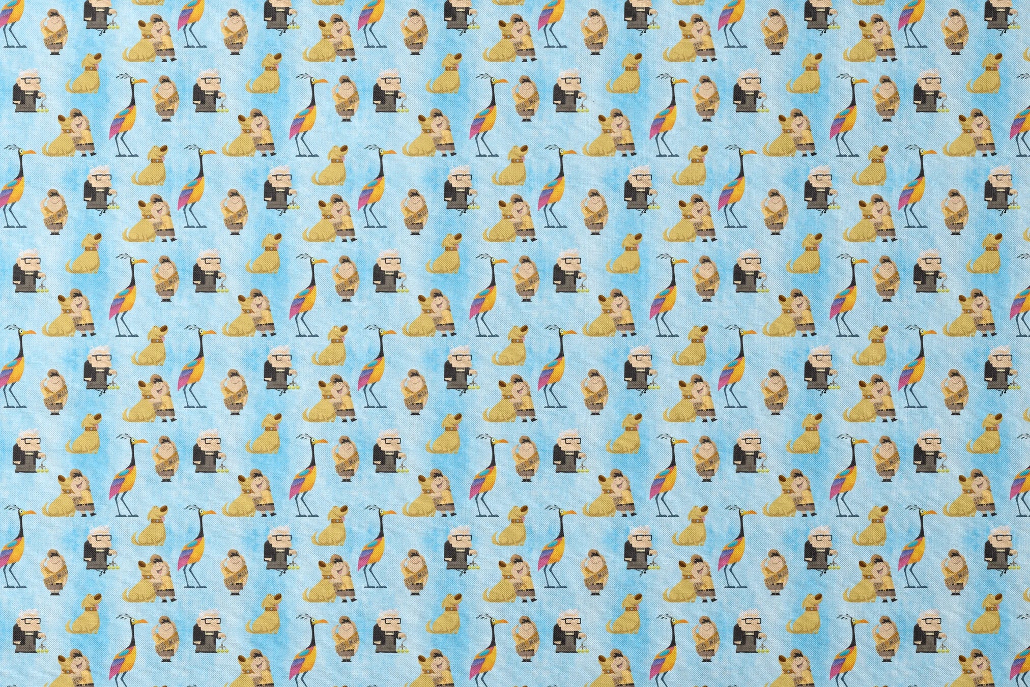 Colorful Up-inspired pattern with cartoon characters including elderly man, explorer, golden dog, and tropical bird on light blue background designs flat mockup