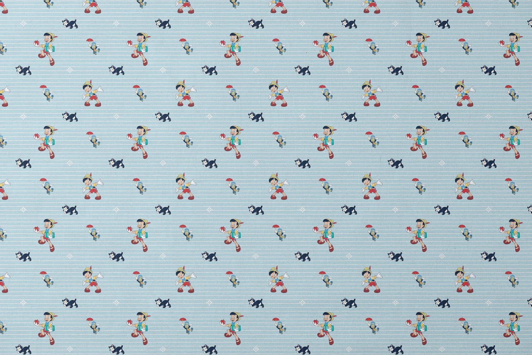 Cartoon pattern with boy character holding apple, black kittens, snowflakes on light blue striped background designs flat mockup
