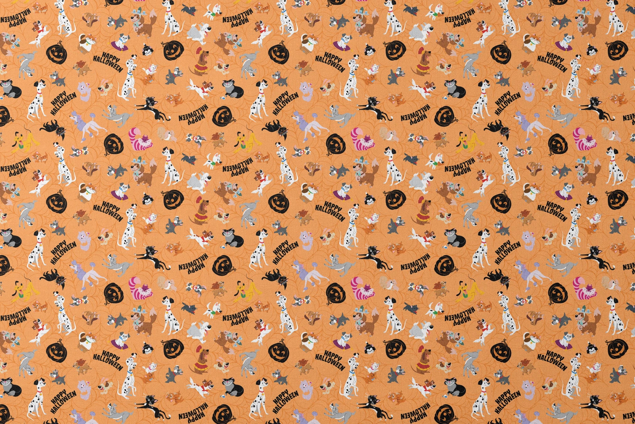 Cartoon dogs in Halloween pattern with pumpkins and "Happy Halloween" text on orange background designs flat mockup