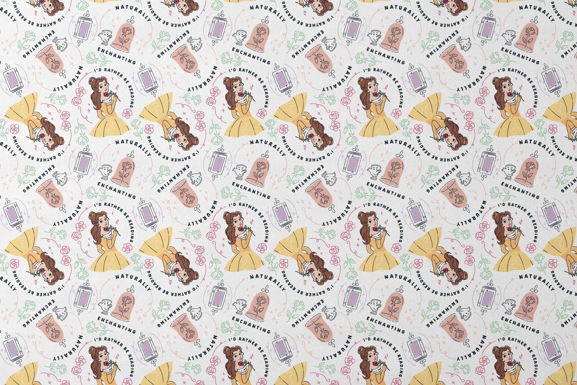 Pattern of cartoon princess in yellow dress with roses, perfume bottles, and phrases like "Enchanting" and "I'd rather be dreaming designs flat mockup