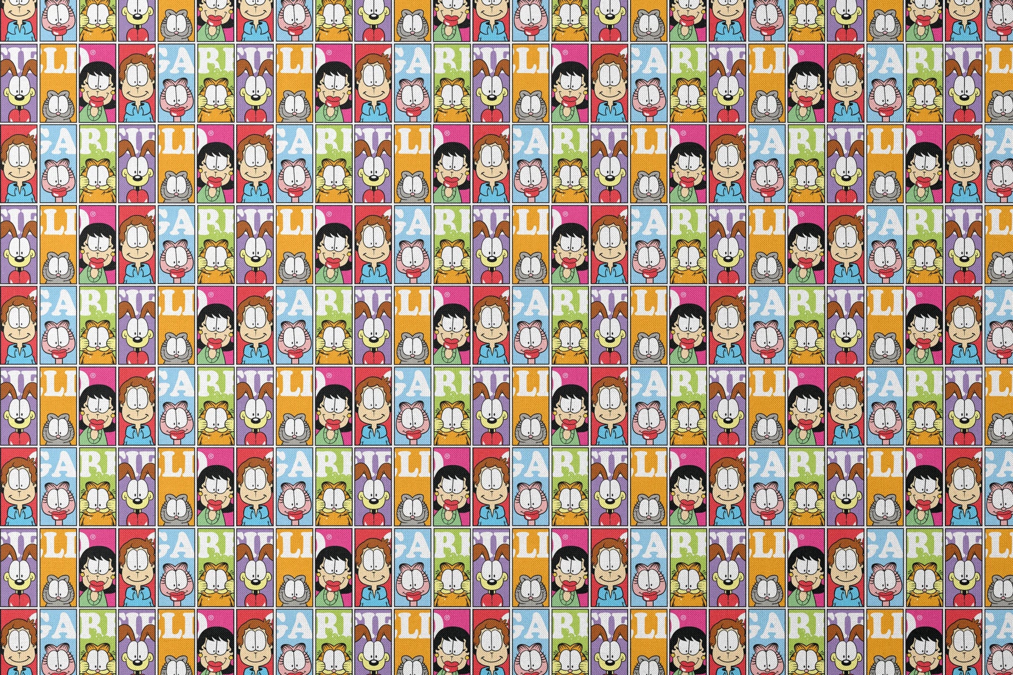 Colorful comic grid pattern with Garfield characters and letters arranged in repeating squares designs flat mockup