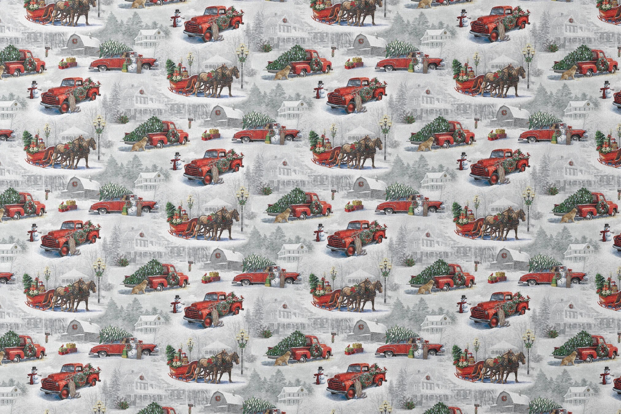Christmas pattern with vintage red trucks, horse-drawn sleighs, and pine trees in snowy winter landscape designs flat mockup