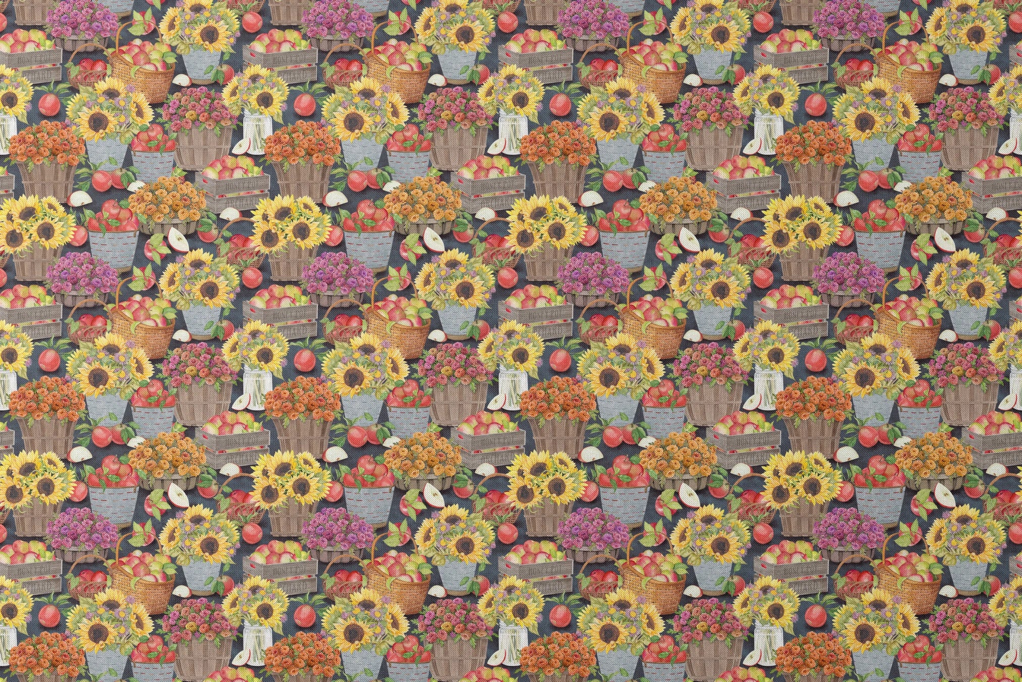 Baskets filled with sunflowers, mums, and apples in a colorful autumn harvest design by Nicole Tamarin. designs flat mockup