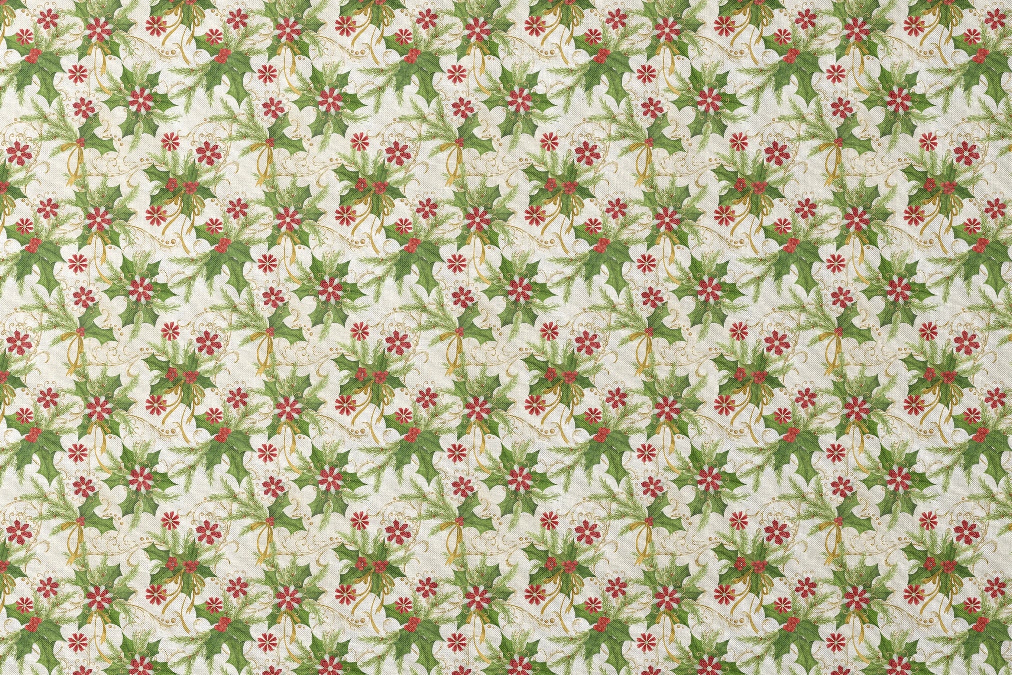 Festive pattern featuring holly leaves, pine branches, red floral medallions, and golden swirls on an ivory background by Nicole Tamarin. designs flat mockup