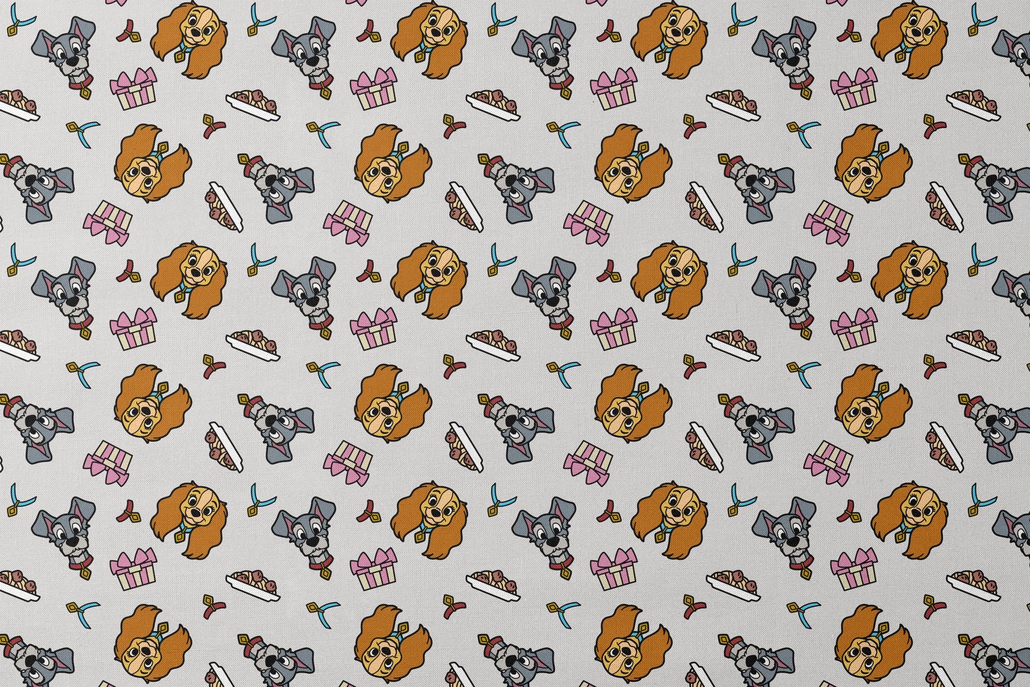 Cartoon pattern featuring Lady and Tramp dogs, gift boxes, bones, and ribbons on light gray background designs flat mockup