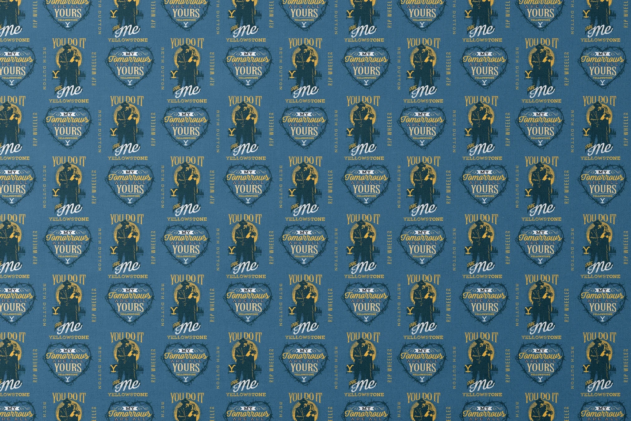 Denim blue fabric with Beth and Rip silhouettes, romantic Yellowstone quotes, and Western-style lettering in mustard and white. designs flat mockup