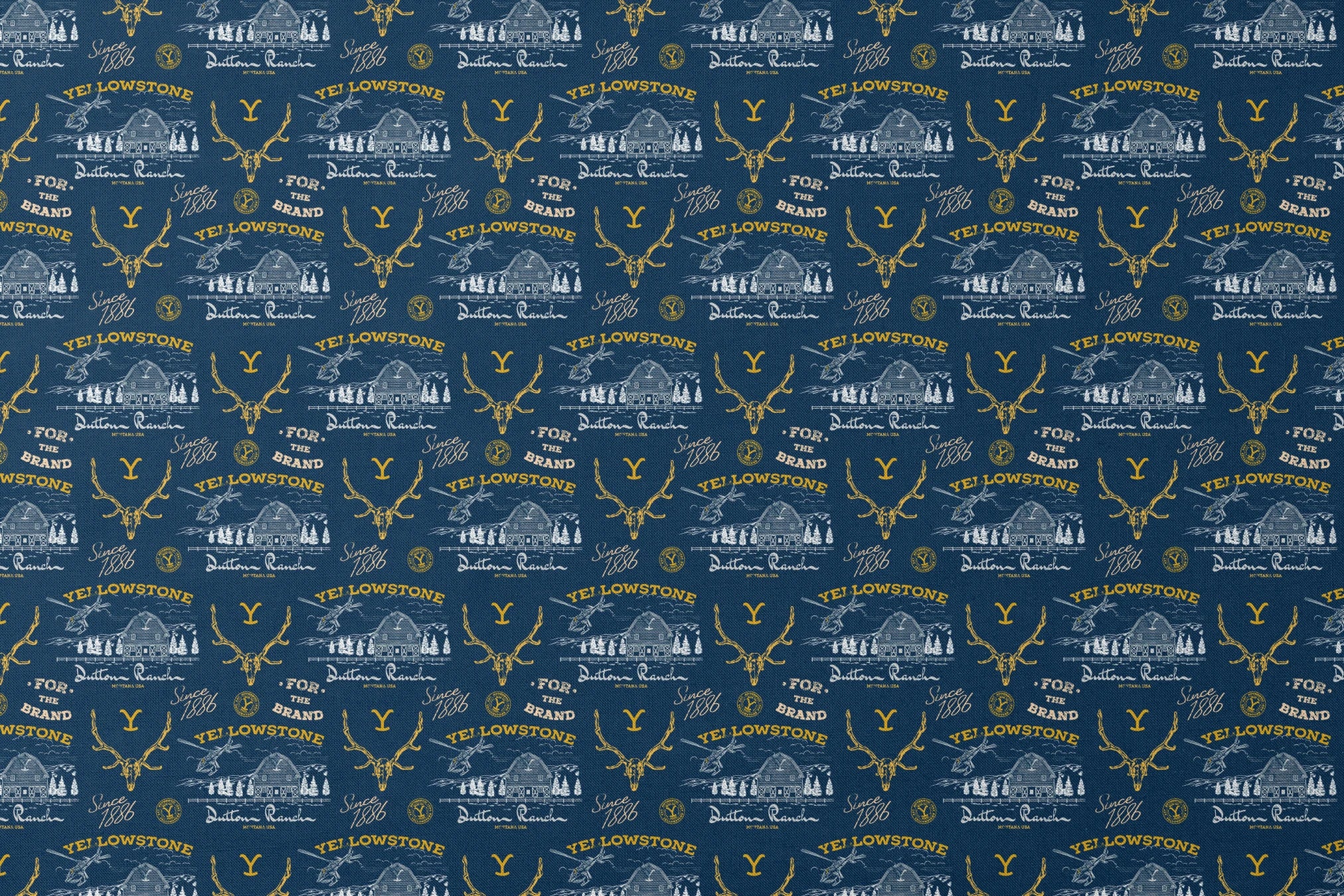 Yellowstone-themed pattern with Dutton Ranch logos, deer antlers, and "Y" branding on navy blue background designs flat mockup