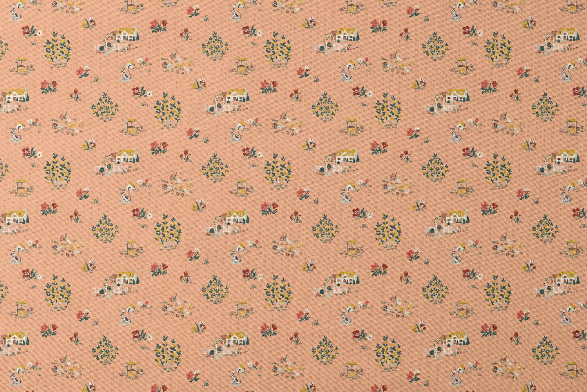 Vintage cottage scene design with houses, flowers, and animals on a peach background from the Springs Archive designs flat mockup