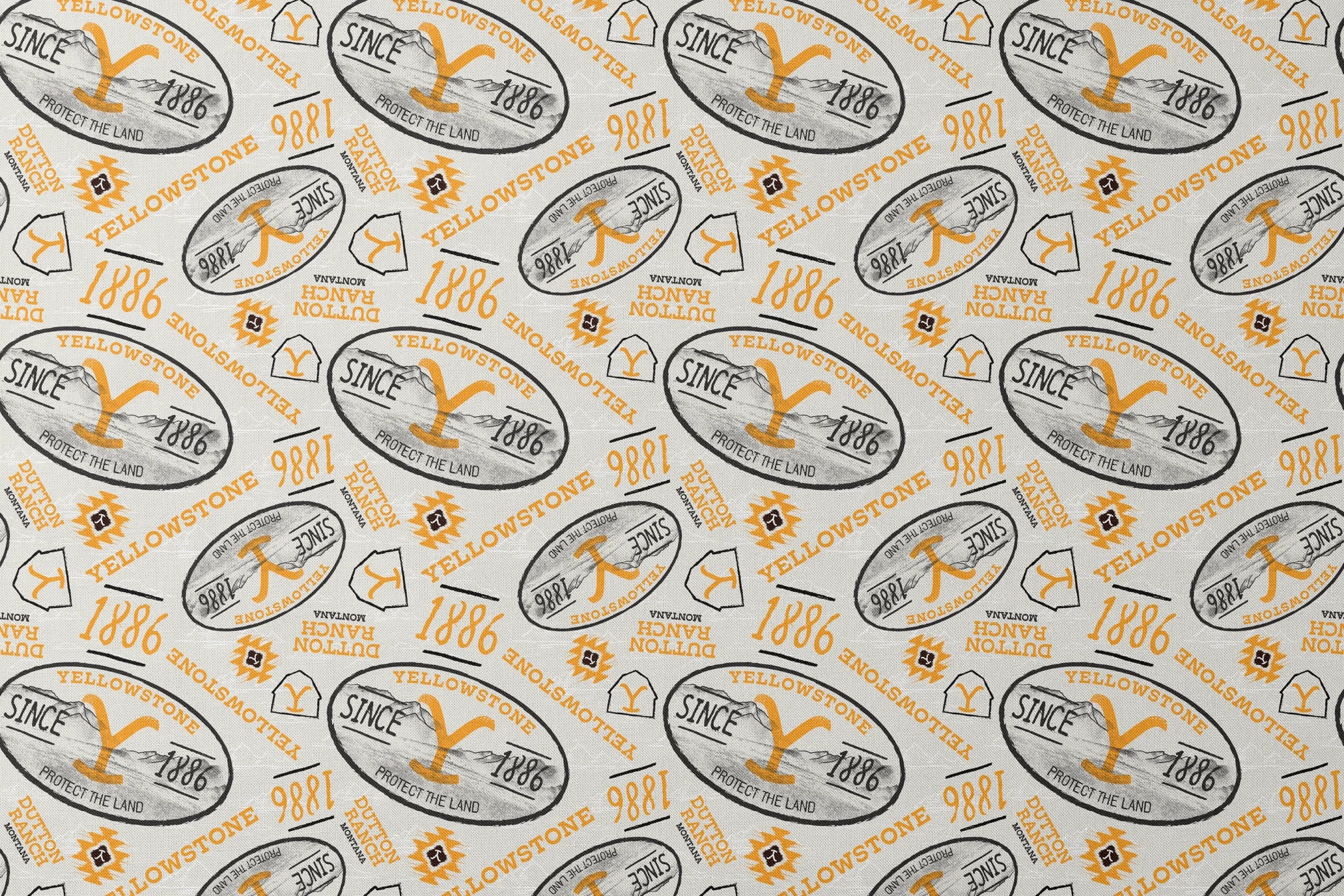 Yellowstone-themed design with black and gold badge graphics, “Protect the Land” text, and Dutton Ranch icons on a cream background. designs flat mockup