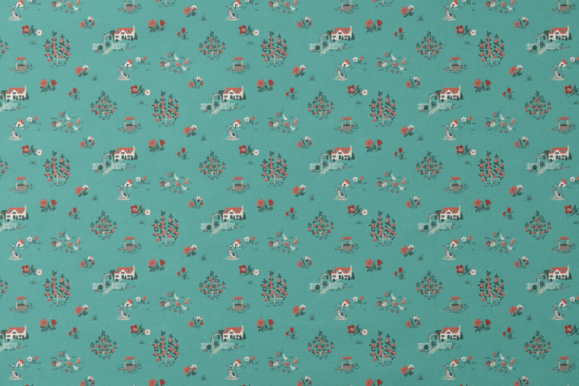 Teal background fabric with vintage cottages, flowers, chickens, and wells in a scattered countryside layout. designs flat mockup