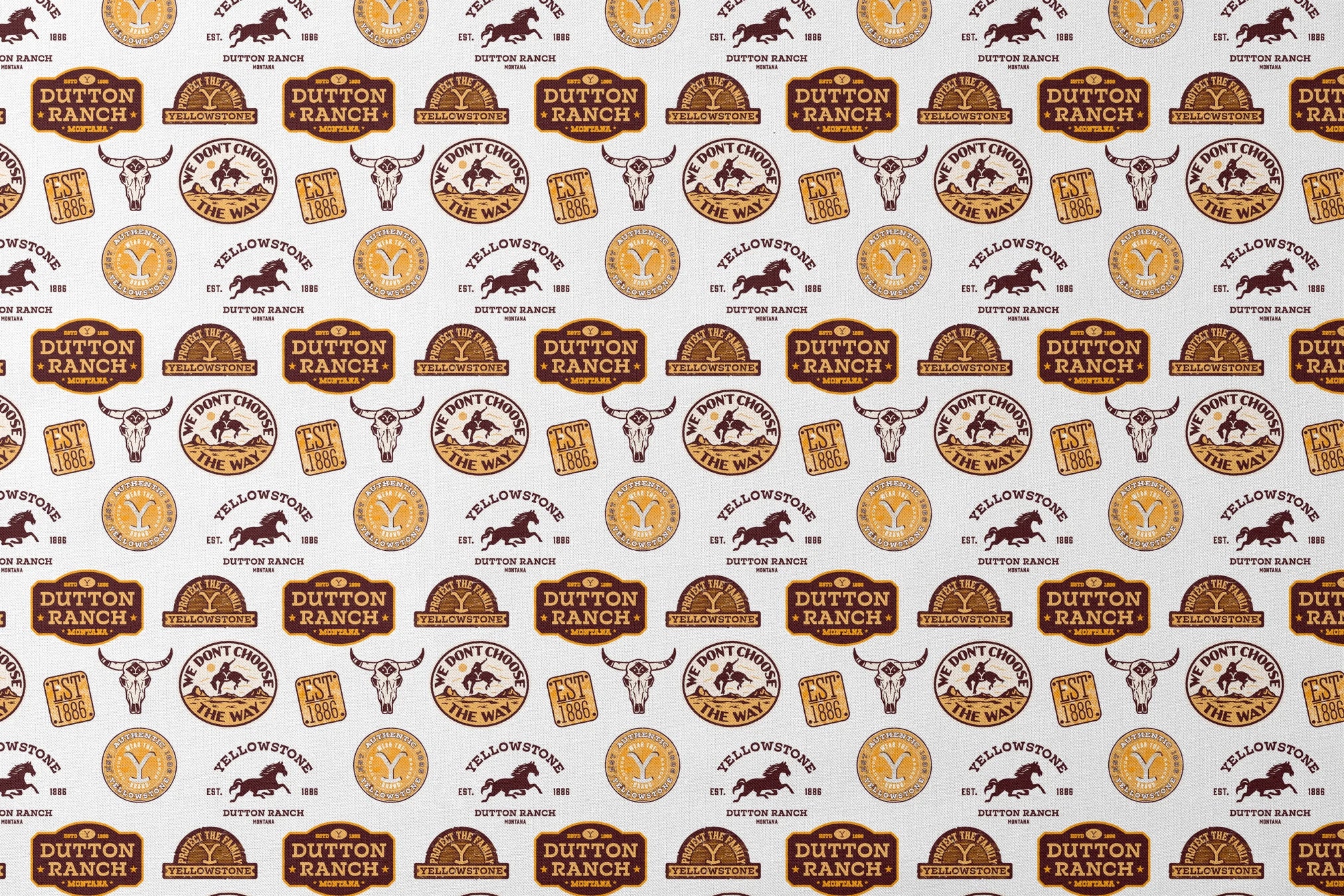 Western patch-style design featuring Dutton Ranch and Yellowstone badges in rustic tones. Great for quilting, crafts, and cowboy-inspired decor. designs flat mockup
