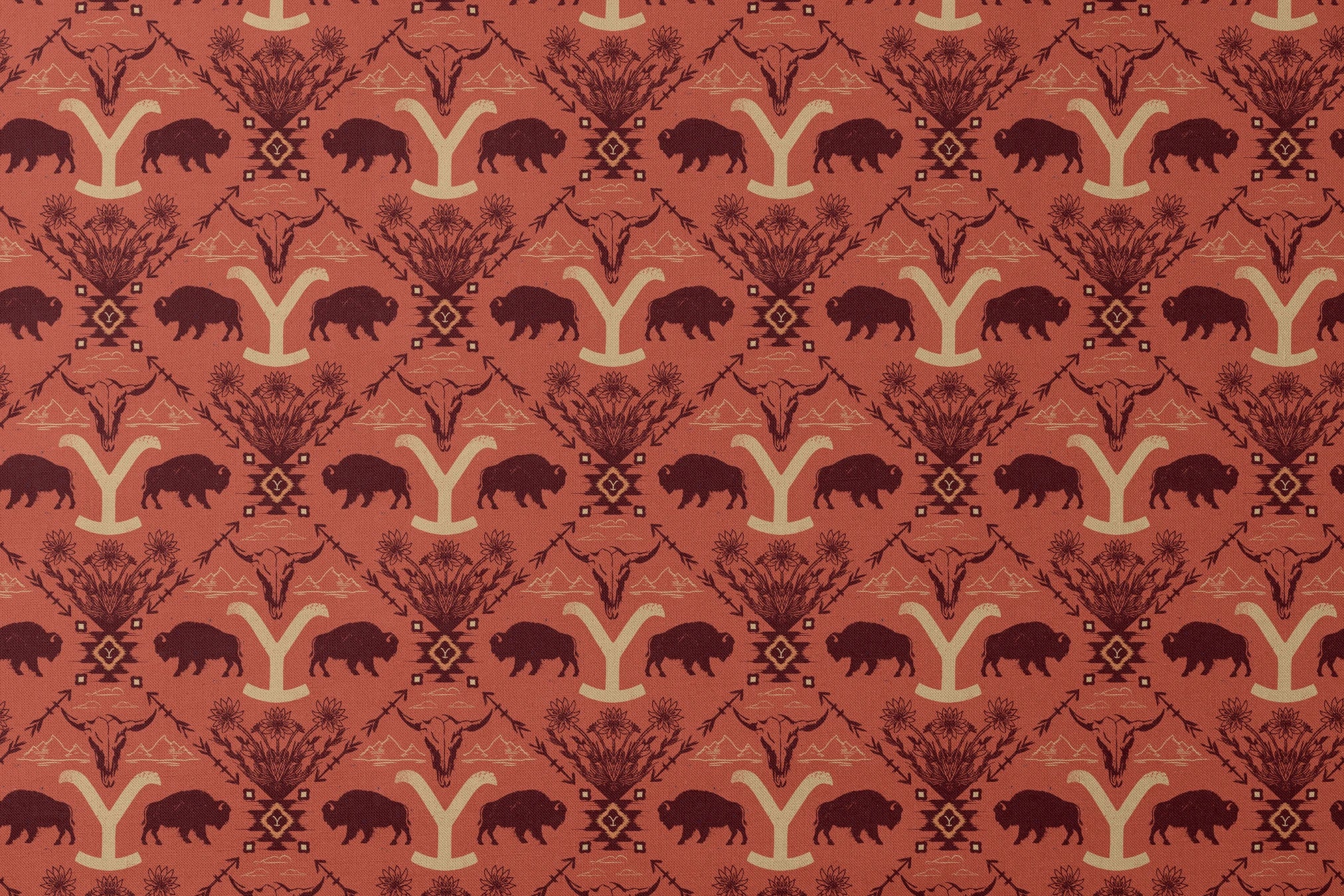 Terracotta and burgundy Yellowstone design with buffalo, skulls, wildflowers, and Western motifs. designs flat mockup