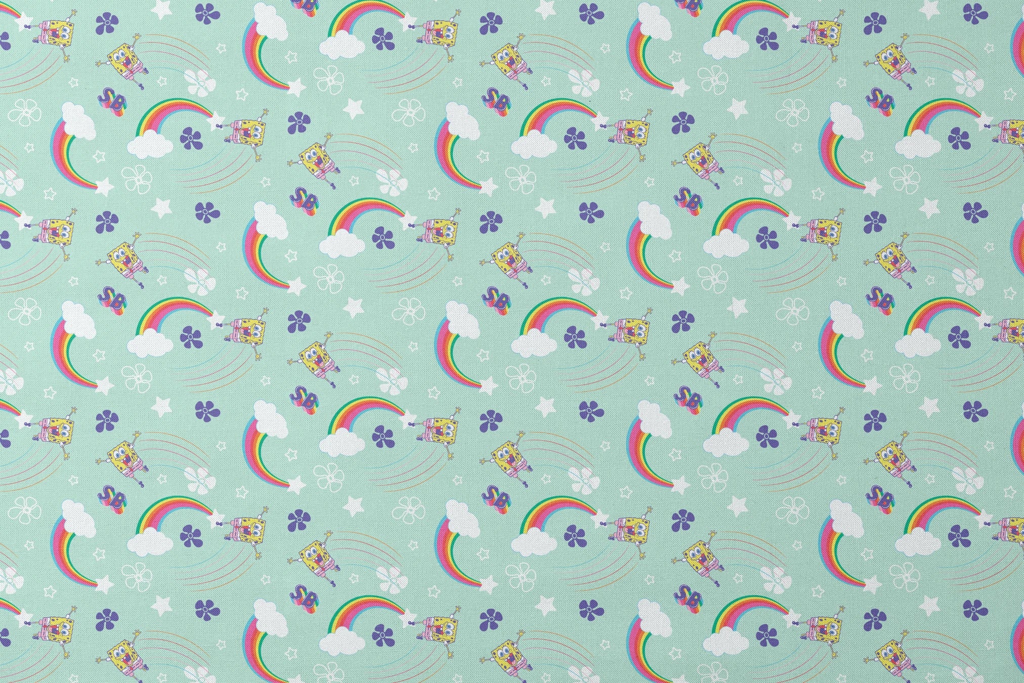 SpongeBob flying over rainbows with clouds, stars, and floral icons on a mint green background in a cheerful cartoon-style Nickelodeon design designs flat mockup
