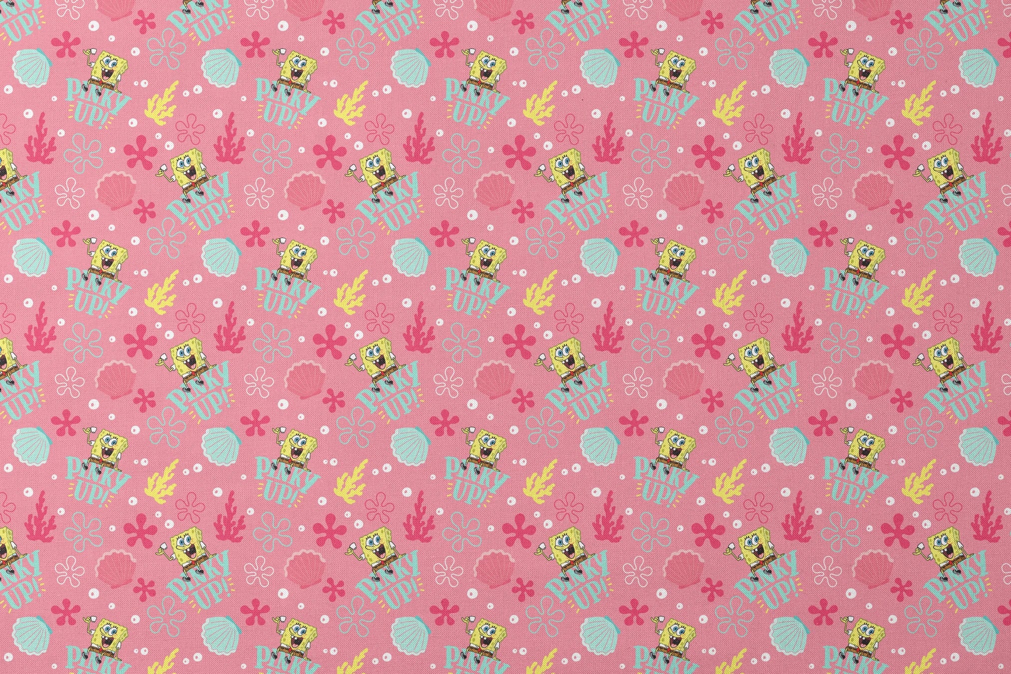 SpongeBob holding a teacup with “Pinky Up!” text, surrounded by sea shells, coral, and flower shapes on a pink background. designs flat mockup