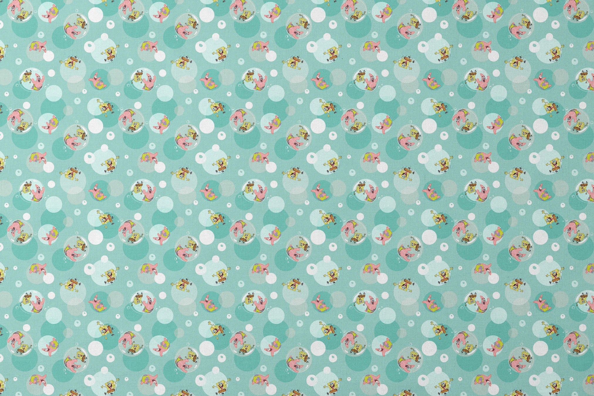 SpongeBob and Patrick floating in transparent bubbles across a seafoam green background with layered circle accents. designs flat mockup