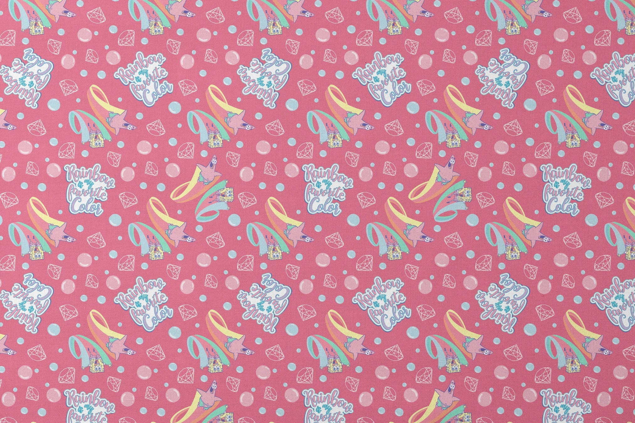 Patrick Star floats among pastel rainbows, bubbles, and gems on a pink background with the phrase “Rainbow is my favorite color” in a SpongeBob design designs flat mockup