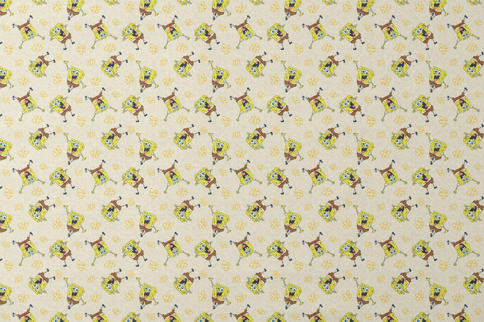 Repeating pattern of SpongeBob SquarePants characters on light yellow background with yellow flowers designs flat mockup