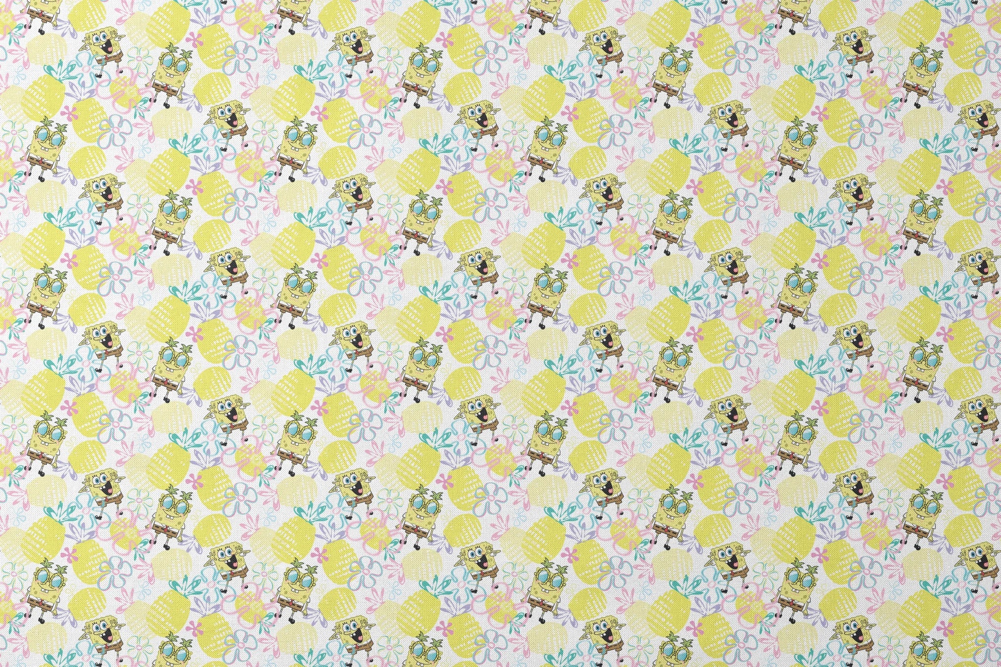 SpongeBob wearing pineapple glasses surrounded by yellow pineapples and pastel floral sketches on a white background in a playful Nickelodeon design. designs flat mockup
