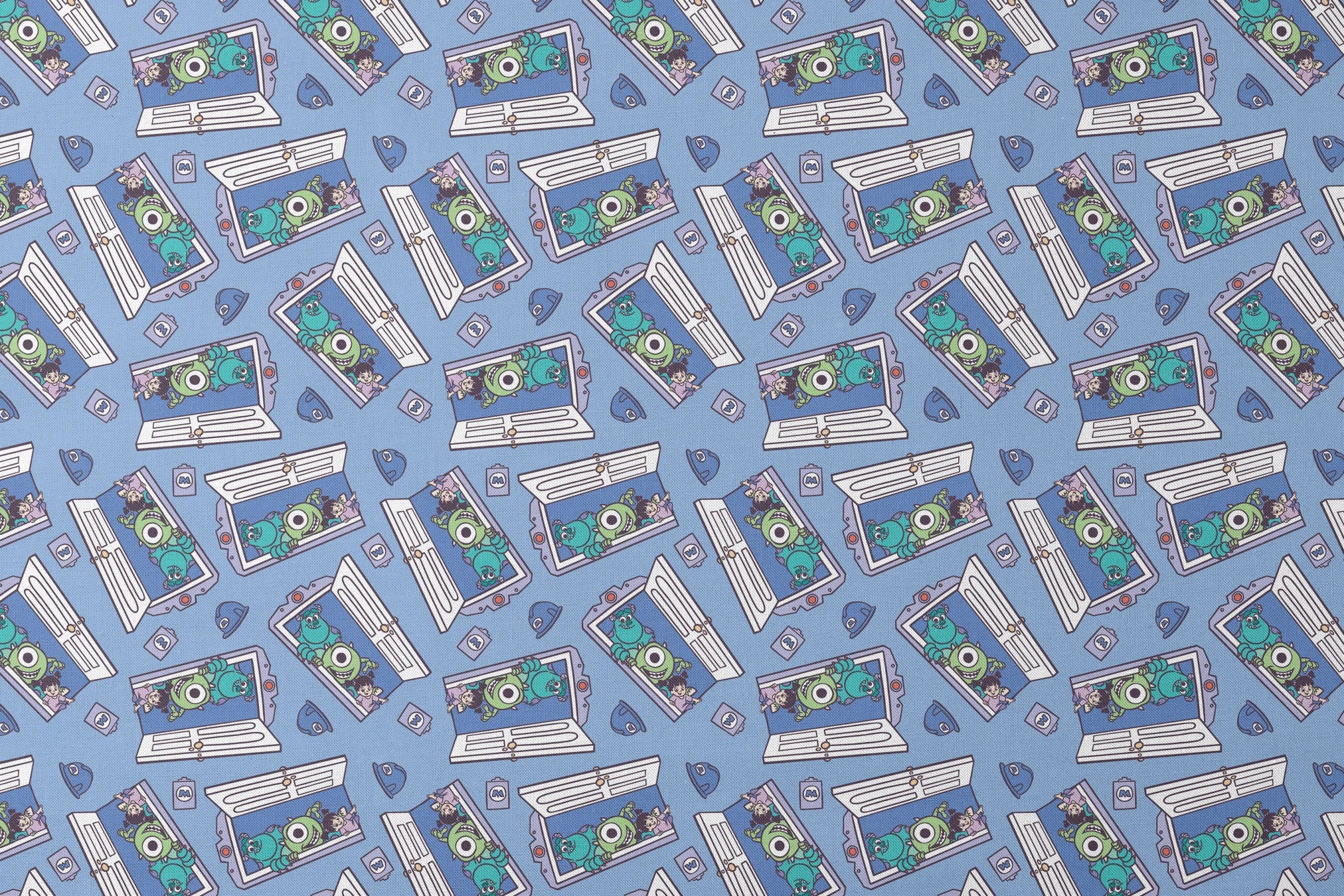 Monsters Inc characters Mike and Sully peeking through doorways on blue background pattern designs flat mockup