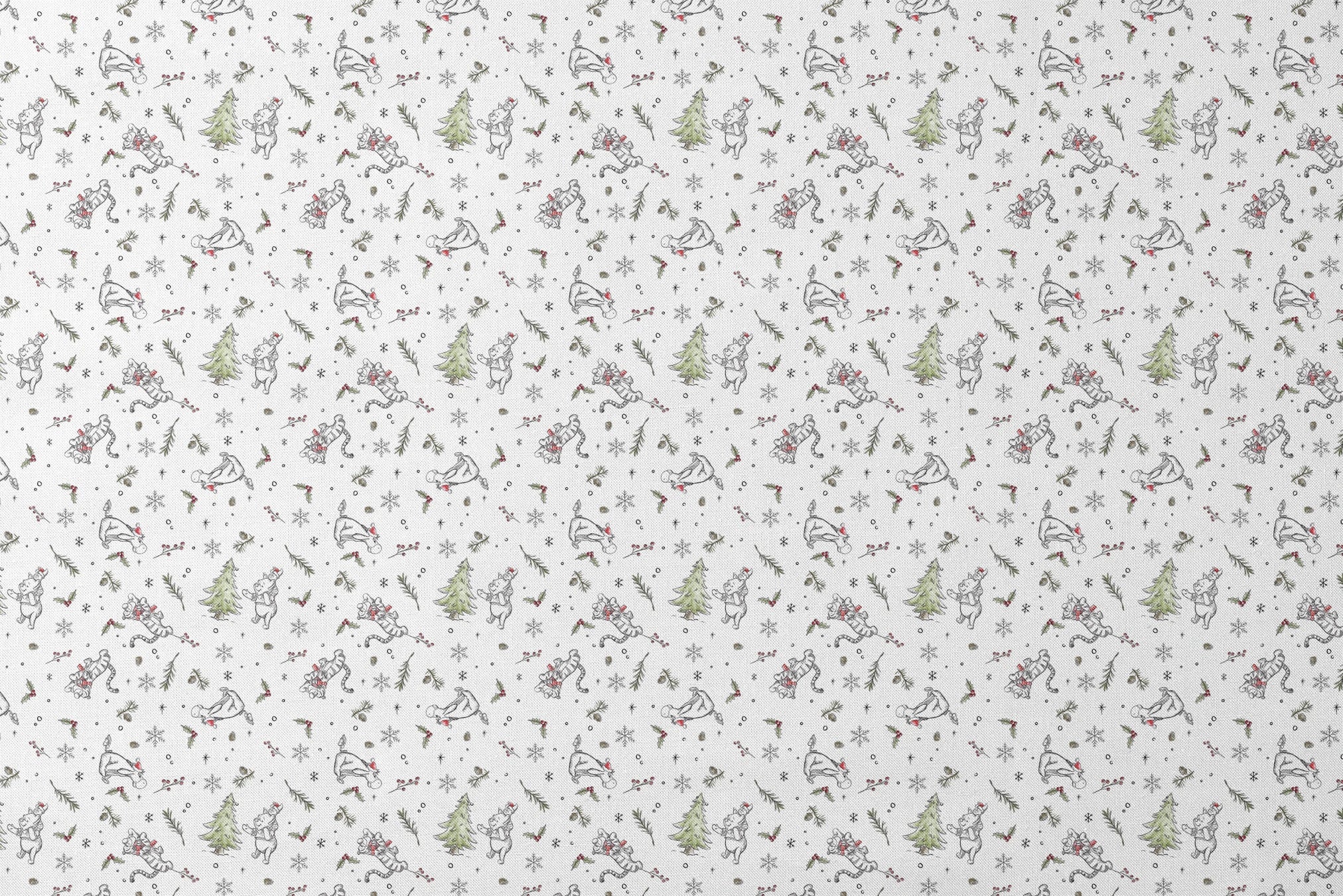 Delicate white winter pattern with cartoon mice, pine trees, holly berries, and snowflakes designs flat mockup