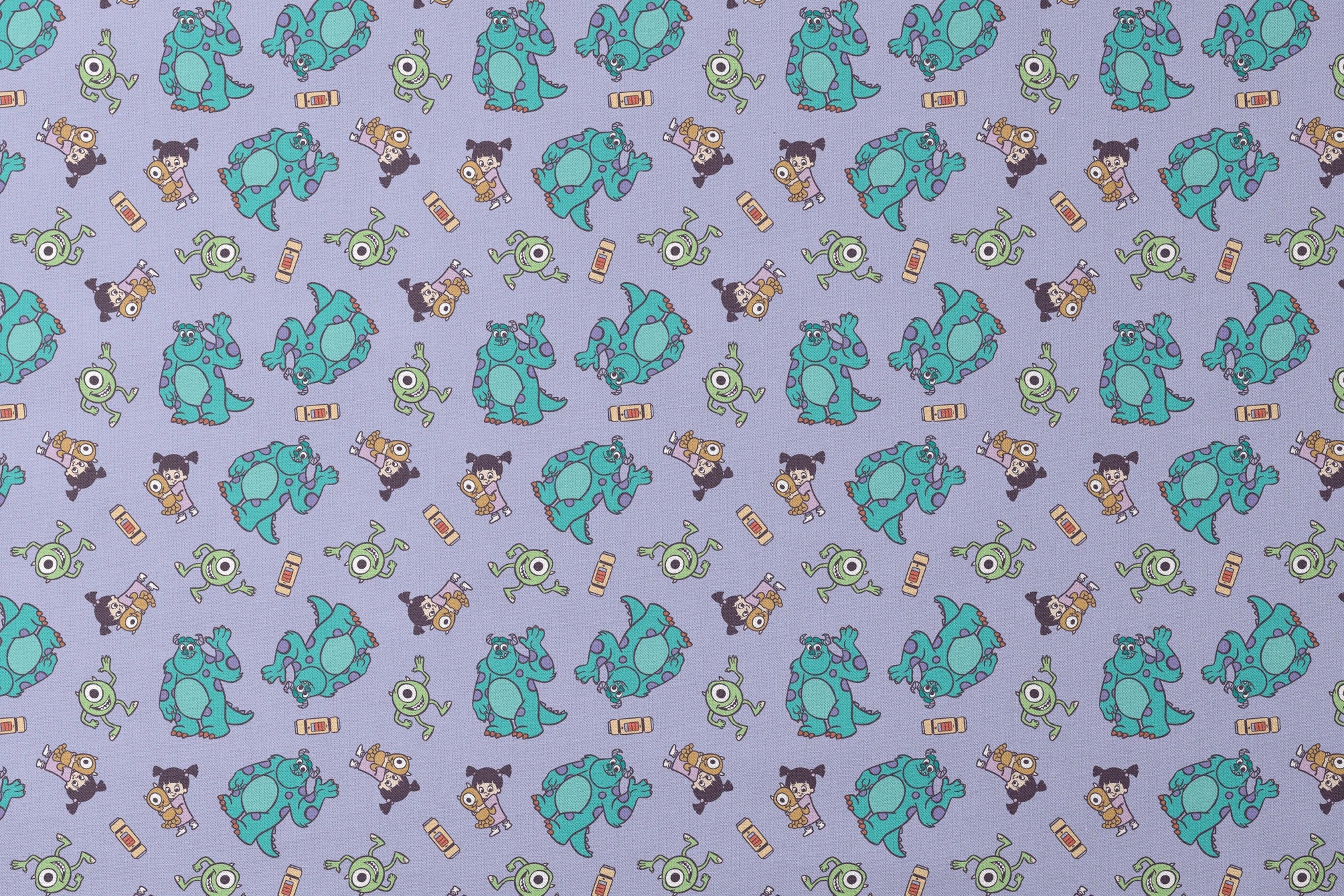 Cartoon pattern of Monsters Inc characters - Mike, Sulley, and Boo - on a purple background designs flat mockup