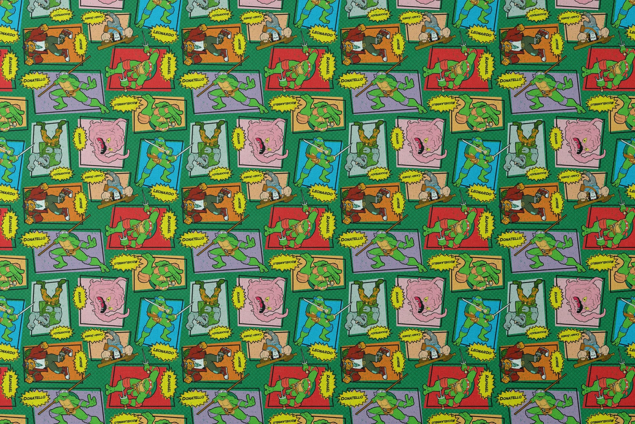 Retro Teenage Mutant Ninja Turtles comic print with turtles, villains, and action words in colorful panels. designs flat mockup